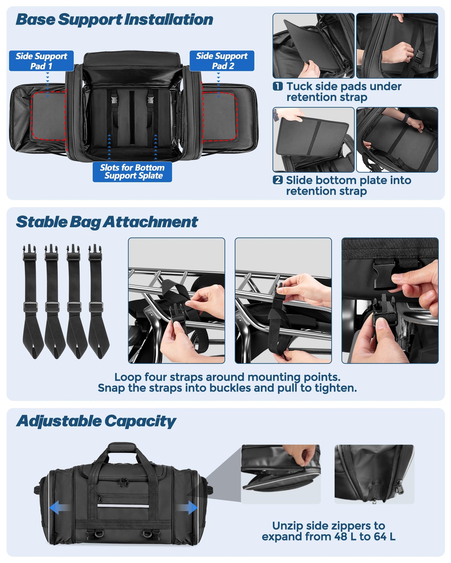Marscamd Waterproof Motorcycle Tail Luggage Bag, 48L-64L Expandable, a Rain Cover Included, Bag with 4 Rack Mount Straps and Multiple Pockets - Black
