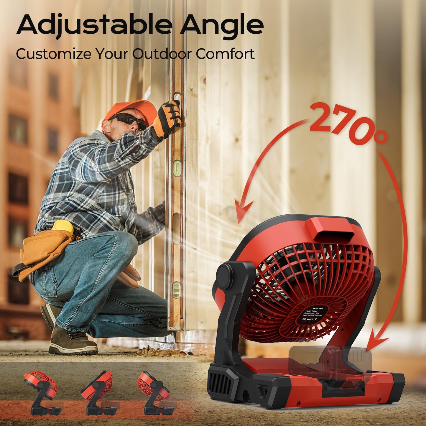 TREXEEN Battery Operated Fan for Milwaukee M18 battery, Portable Fan with AC Adapter & LED Lights, 4 Speeds & Hook, Cordless/Camping/Battery Powered fan, for Outdoor Jobsite (Battery Not Included)