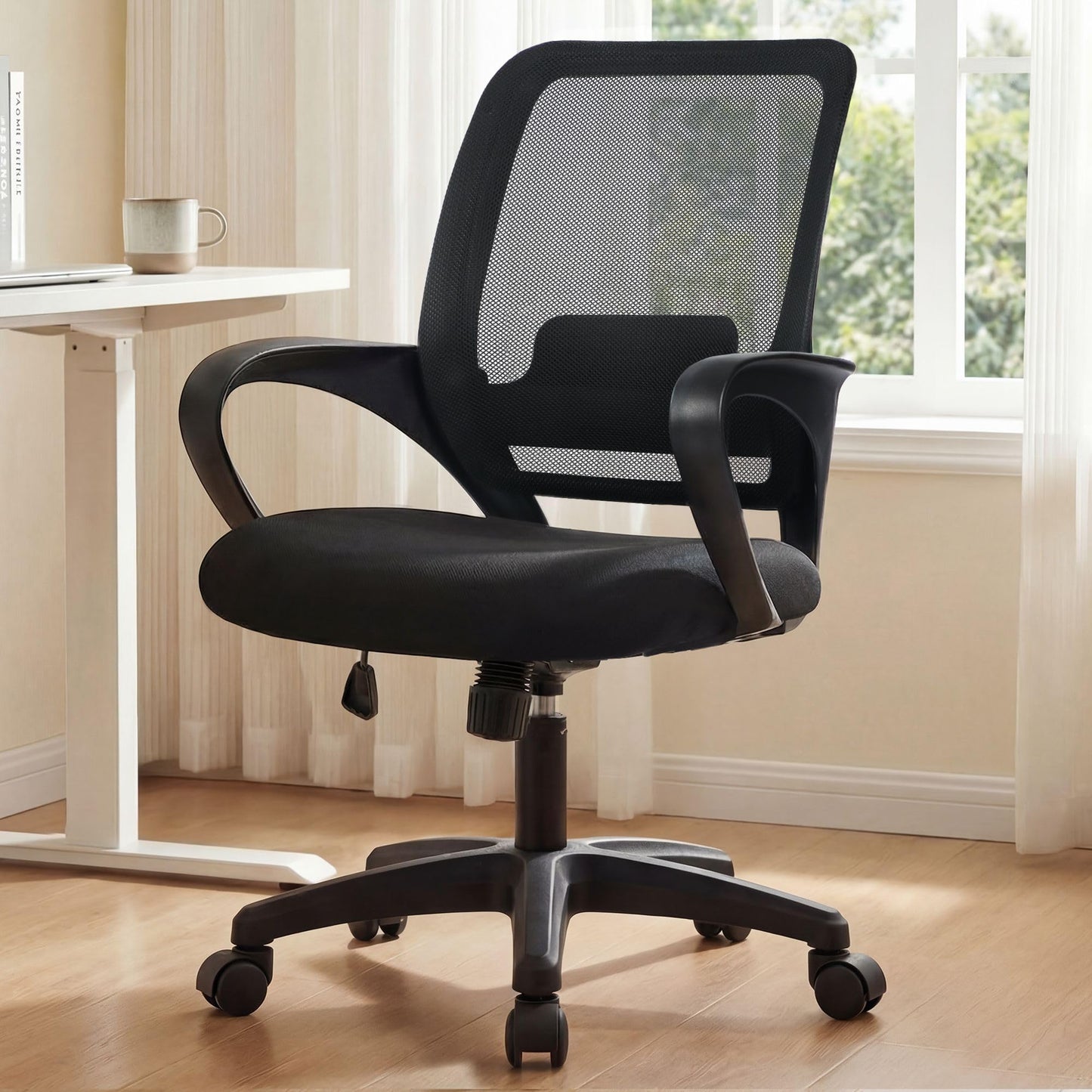 NEO CHAIR Office Desk Ergonomic Computer Mesh Chair with Lumbar Mid Back Support Adjustable Height Swivel Rolling Wheels Comfy Task Vanity Chair for Home Bedroom Study (Black)