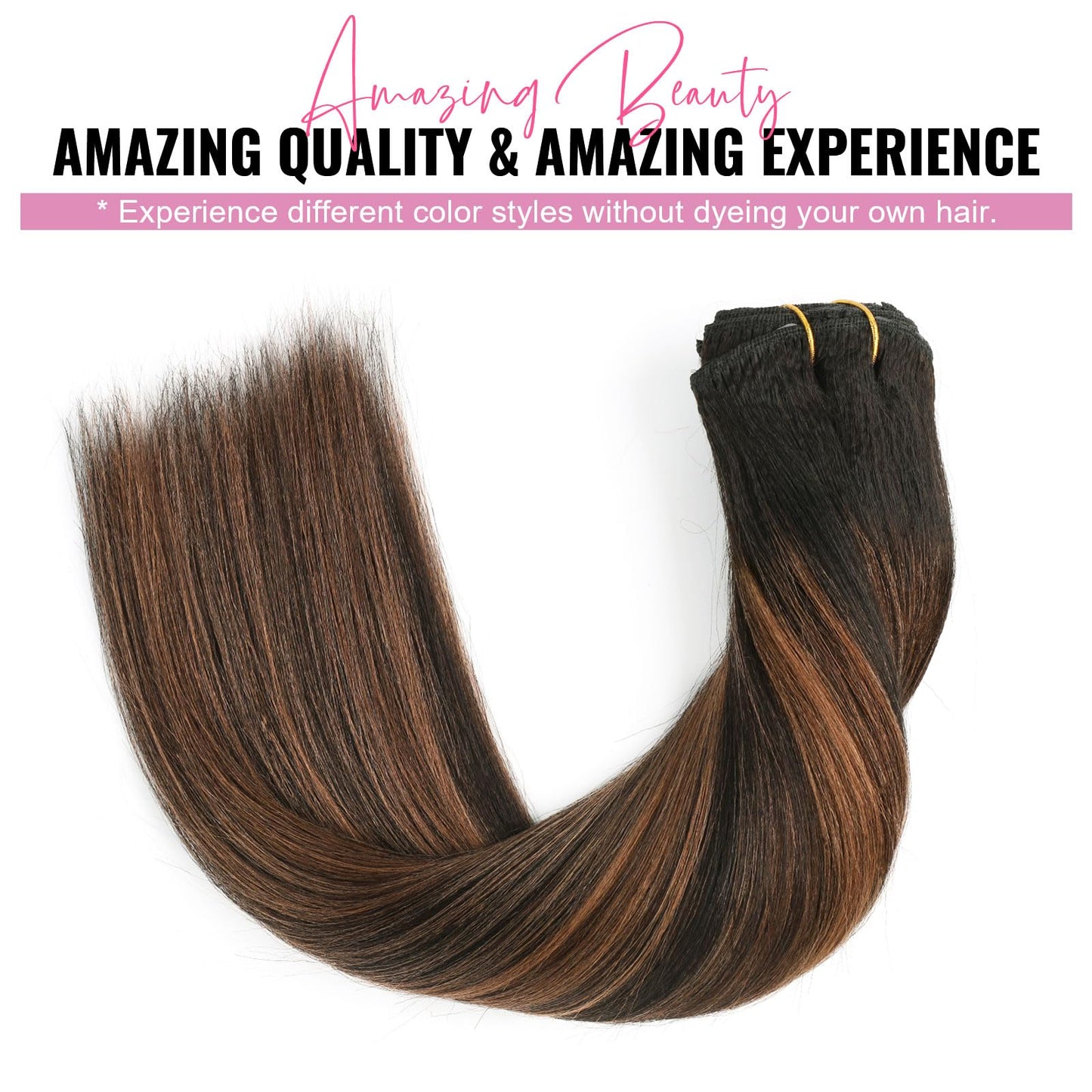 ABH AMAZINGBEAUTY HAIR Yaki Straight Human Hair Clip ins Rooted Black Piano Natural Black #1B Fading into Light Auburn #30 Two Tone Light Yaki Clip ins for Black Women Human Hair 12 Inch 120G 7Pcs