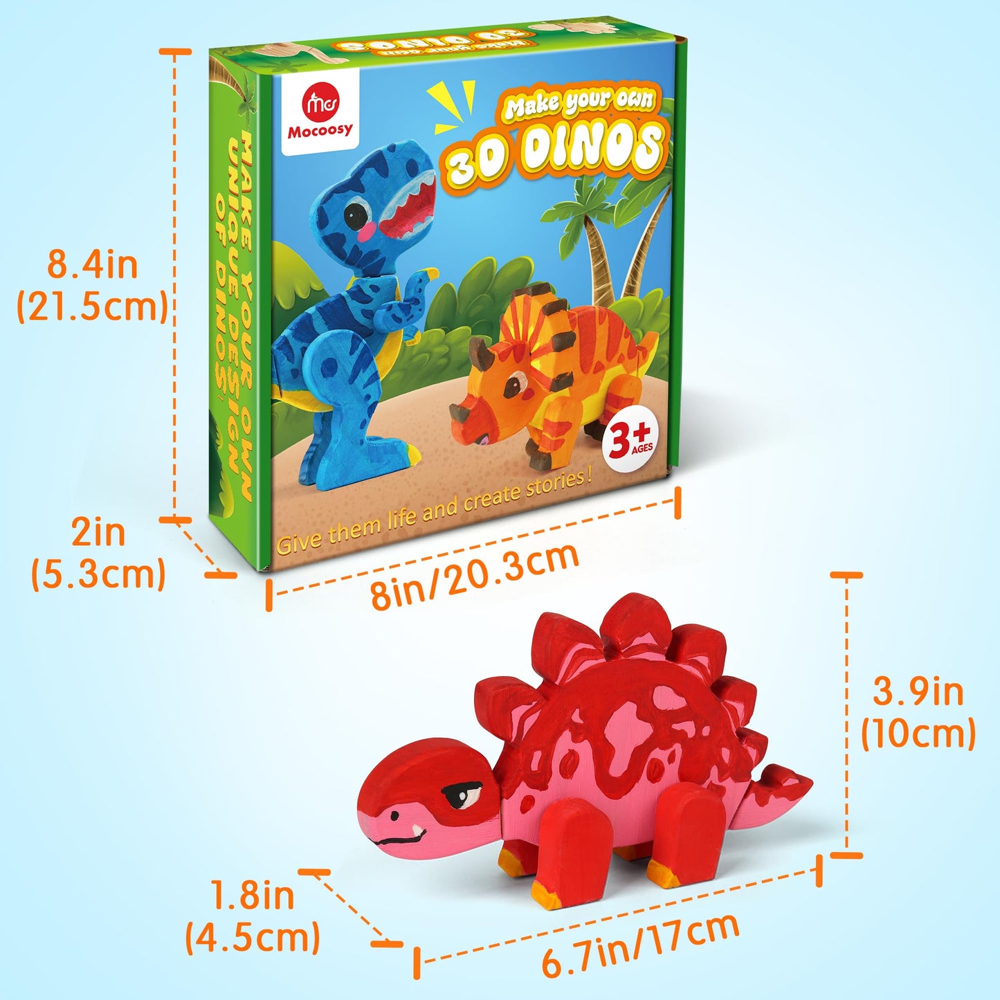 Mocoosy Wooden Dinosaur Painting Art and Craft Kit for Kids 3-5, Build & Decorate Your Own Dinos with Paint & Stickers, Wood Dinosaur Builder Game Montessoi Fine Motor Toy Gift Toddler Boys Girls 4-8