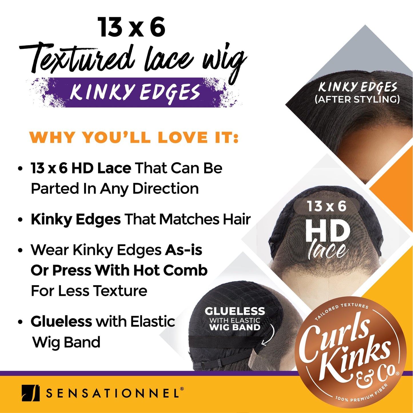 Sensationnel Curls kinksandco kinkyedges wig - kinky straight 24 inch 13x6 lace frontal natural kinkytexture edged hairline for natural 3c to 4c hair textures (1B OFFBLACK)