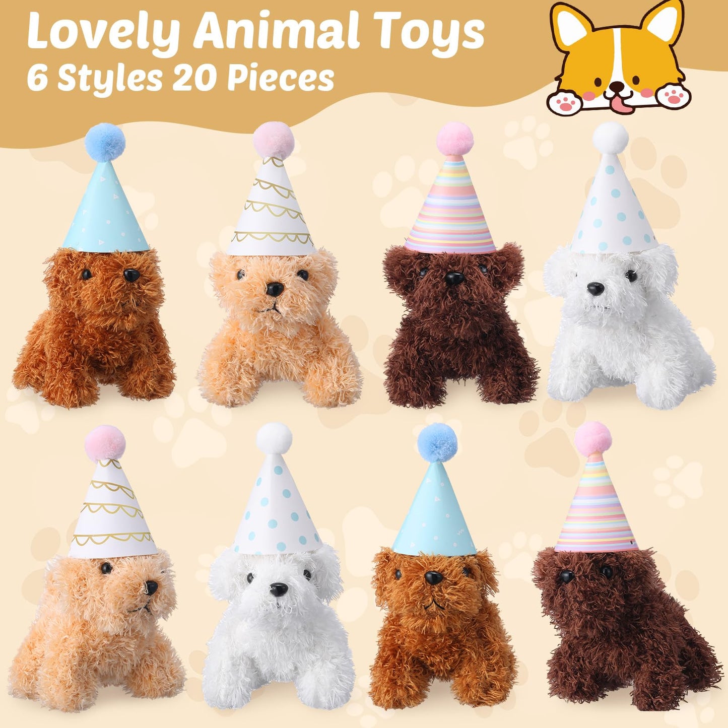 Motionchic 20 Pcs Mini Stuffed Animals Set Includes 20 Birthday Hats 20 Kraft Paper Boxes for Animal Theme Birthday Party Supplies Favors Gifts(White,Classic)