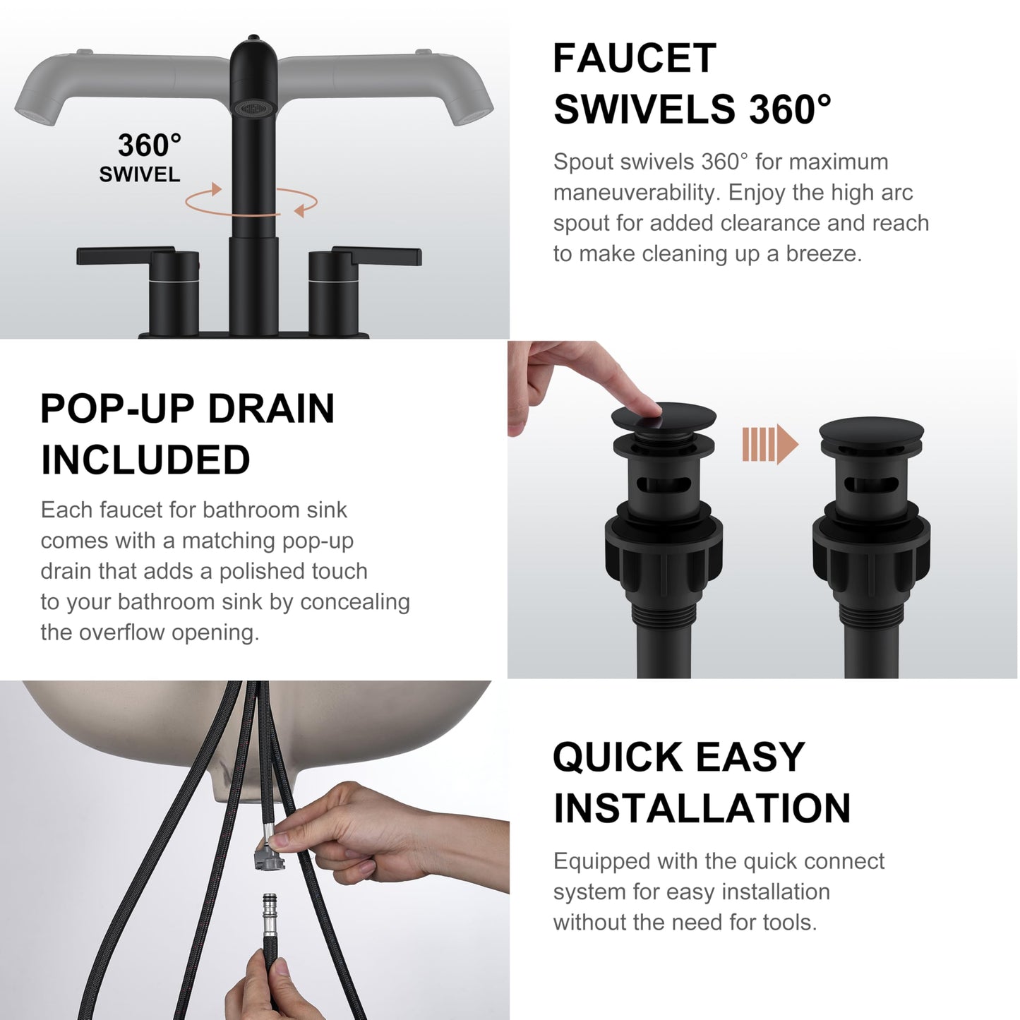 KENES Matte Black Centerset Bathroom Faucet with Pull Down Sprayer, 4 Inch 2 Handle Pull Out Bathroom Faucet 3 Hole, Bathroom Sink Faucet with Pop Up Drain & Supply Lines LJ-9059A-2