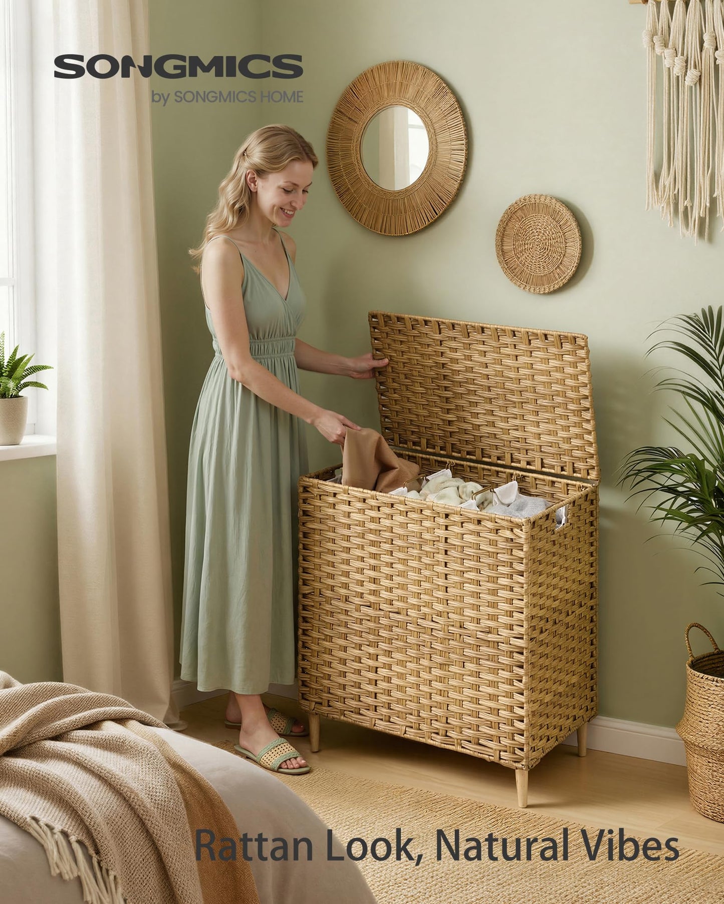 SONGMICS 3-Section Laundry Hamper with Lid, 42.2 Gal (160L) PE Rattan Laundry Basket with Removable Washable Liners, for Bedroom & Living Room, Goose Yellow ULCB223YE01