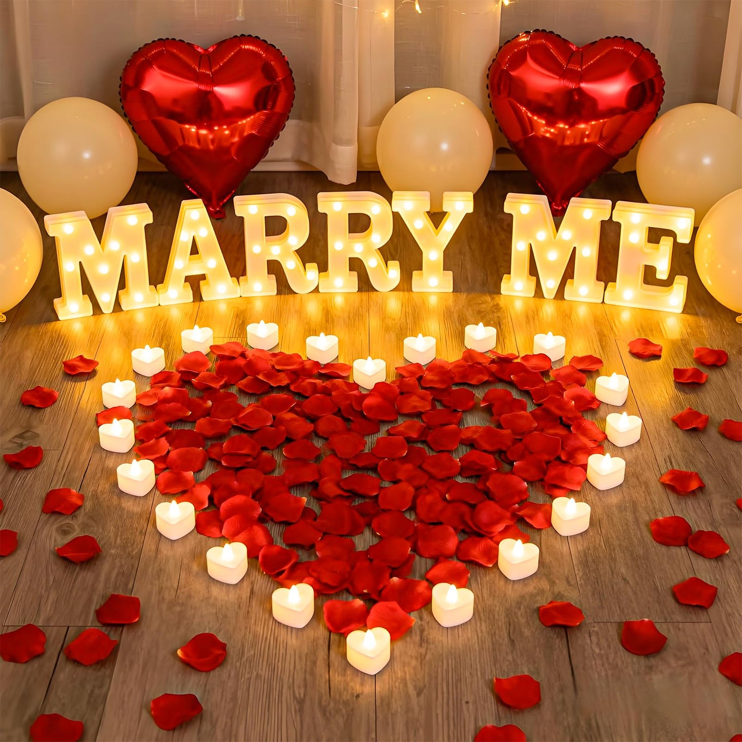 Marry Me Light Up Letters, with 30 Tea Lights Candles, Rose Petals, Aluminum Balloons, Balloons, Red Carpet, Rose Ring Box, Double Sided Tape, Valentine's Day Proposal Engagement Wedding Decorations