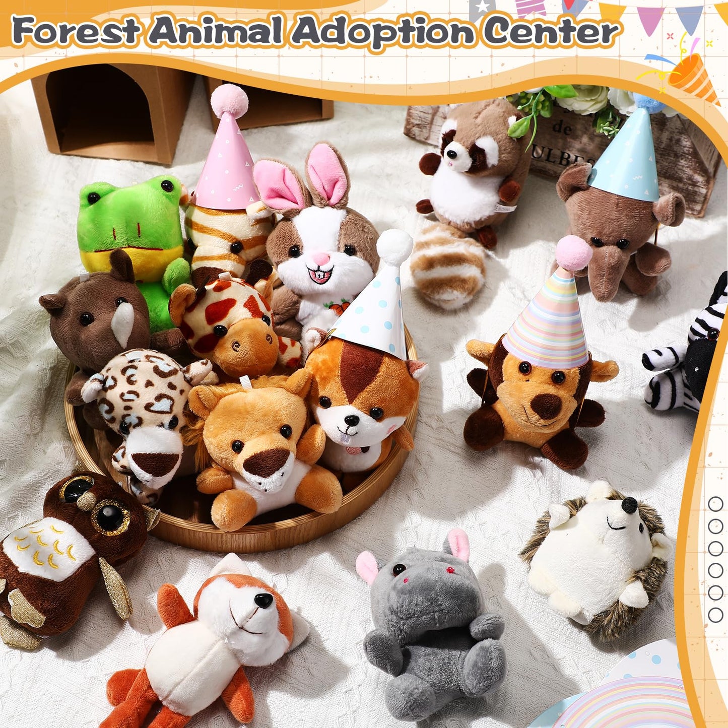 Seenelling 48 Pcs Mini Safari Plush Animals Set Forest Stuffed Toys Adopt a Pet Party Favors Jungle Animal Plush Toys with Birthday Hats Paper Boxes for Animal Theme Favor Birthday Party Gift