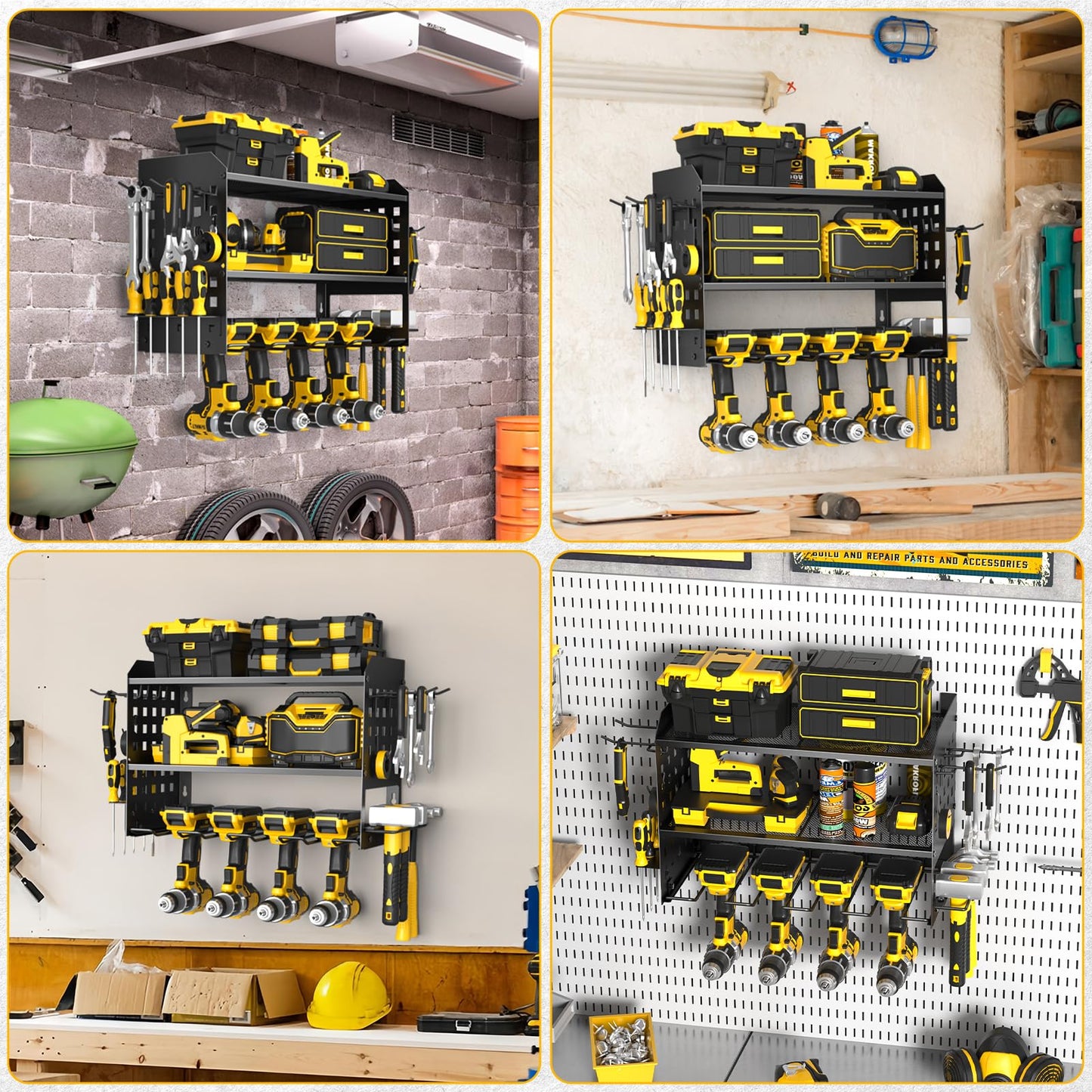 SPACECARE Power Tool Organizer, Drill Holder Wall Mount with 2 Side Pegboards with Hooks, 3 Layer Garage Organization Heavy Duty Tool Organizers Utility Rack for 4 Drill Holders Black