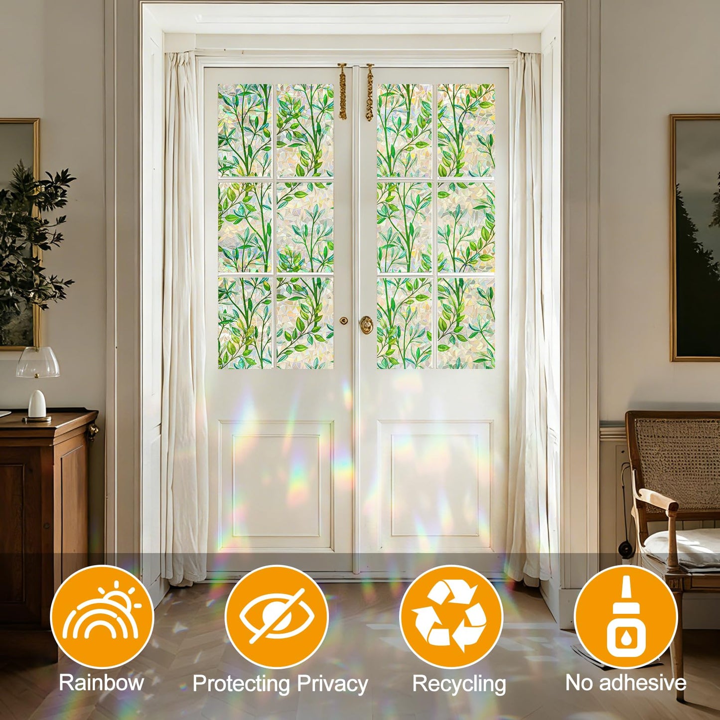 Countewol Window Privacy Film Stained Glass Window Film Rainbow Window Film Window clings Non-Adhesive Reusable Decorative for Room (Leaf Rainbow, 35.4 x 157.4 in)