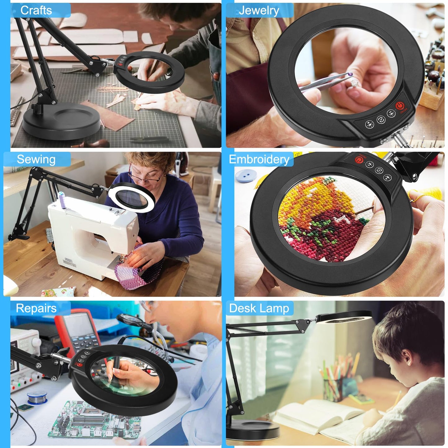 Coyeth 10X Magnifying Glass with Light and Stand, 5 Color Modes Stepless Dimmable 2-in-1 Lighted Magnifier with Clamp, LED Desk Lamp Hands Free for Crafts Hobby Reading Painting Sewing Close Work