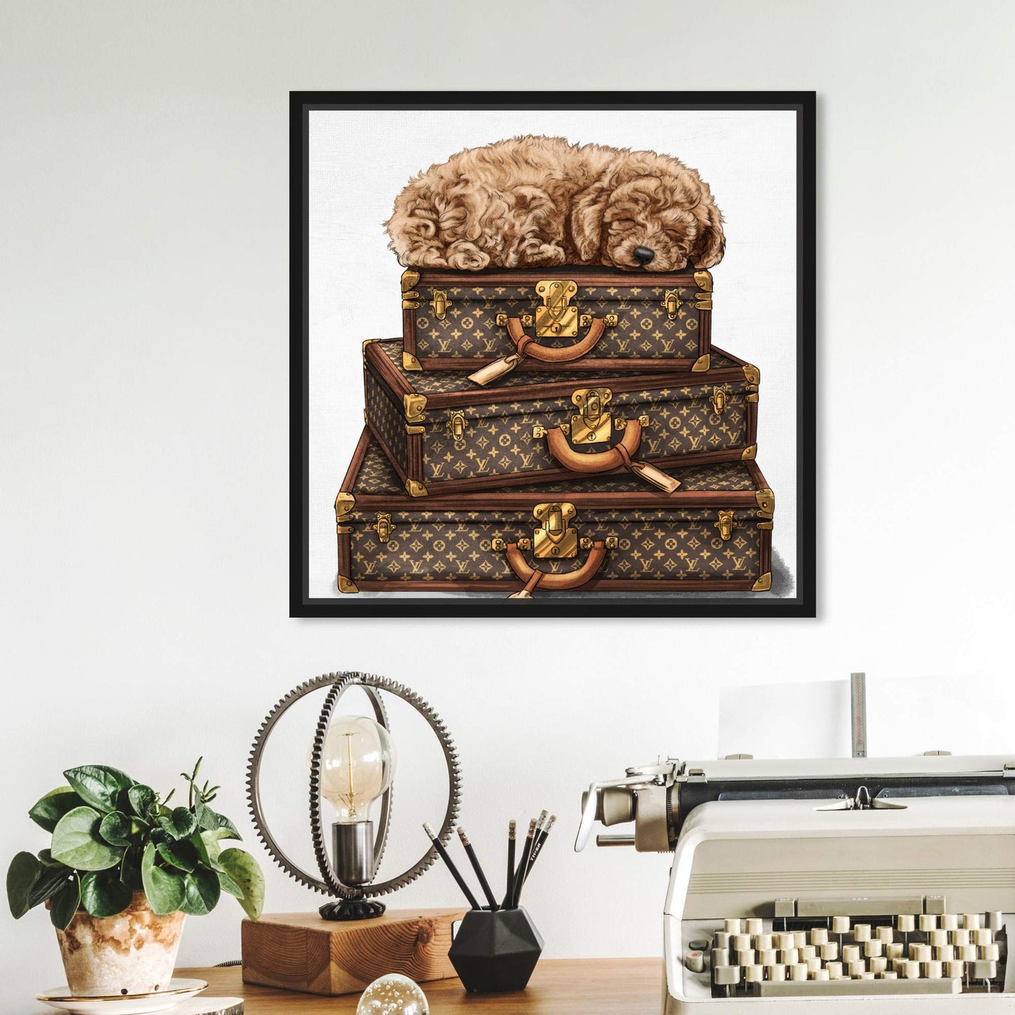 The Oliver Gal Artist Co. Fashion and Glam Framed Wall Art Canvas Prints 'Sleeping Poodle' Travel Essentials Home Décor, 12 in x 12 in, Brown, White
