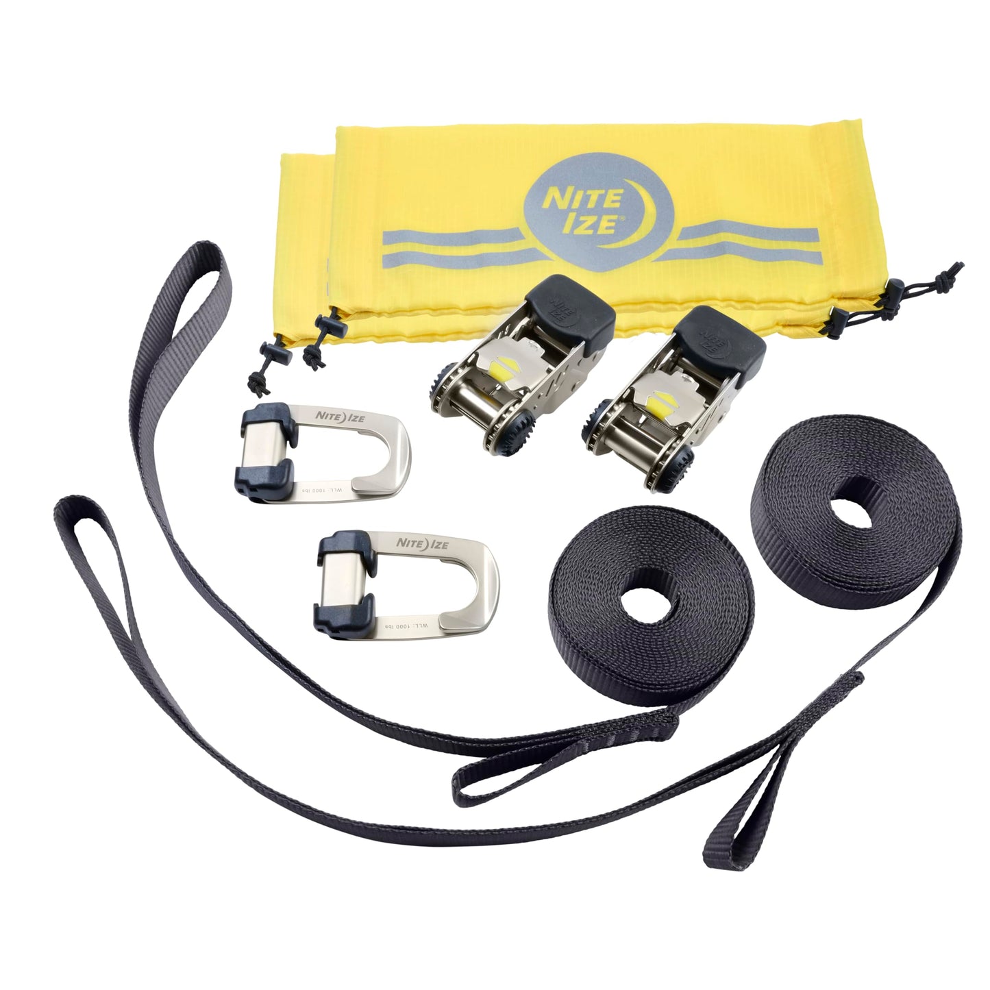 Nite Ize CamJam HookLock Ratchet Strap System - Adjustable, Heavy-Duty Tie Down Straps - Cargo Attachment with Spring-Actuated Hooks - Includes Ratchets, Hooks, Webbing & Storage - Large (2 Pack)