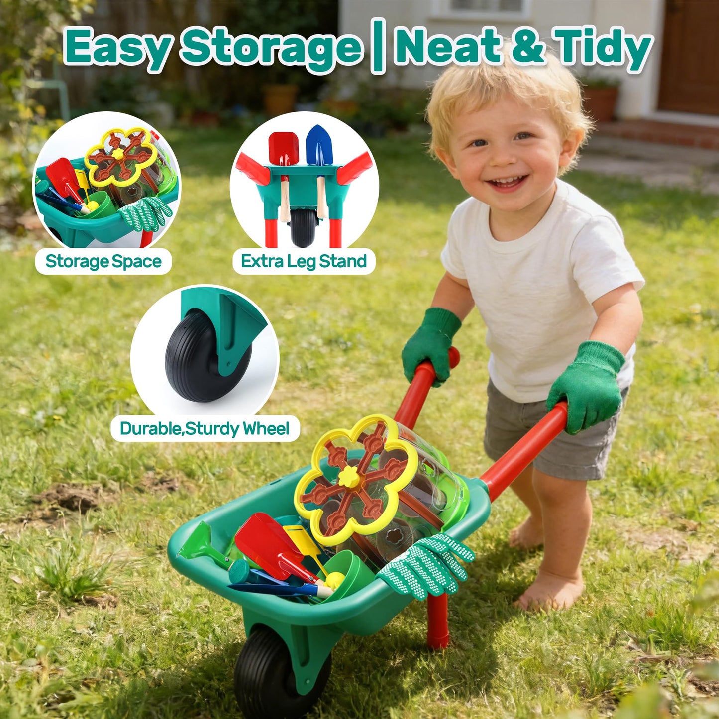 CUTE STONE Kids Gardening Tools Set with Wheelbarrow, 2 Shovel & Rake, Gloves, Watering can, Kids Plant Growing Kit - Complete Kids Greenhouse & Flower Growing Kit with Upgraded Irrigation