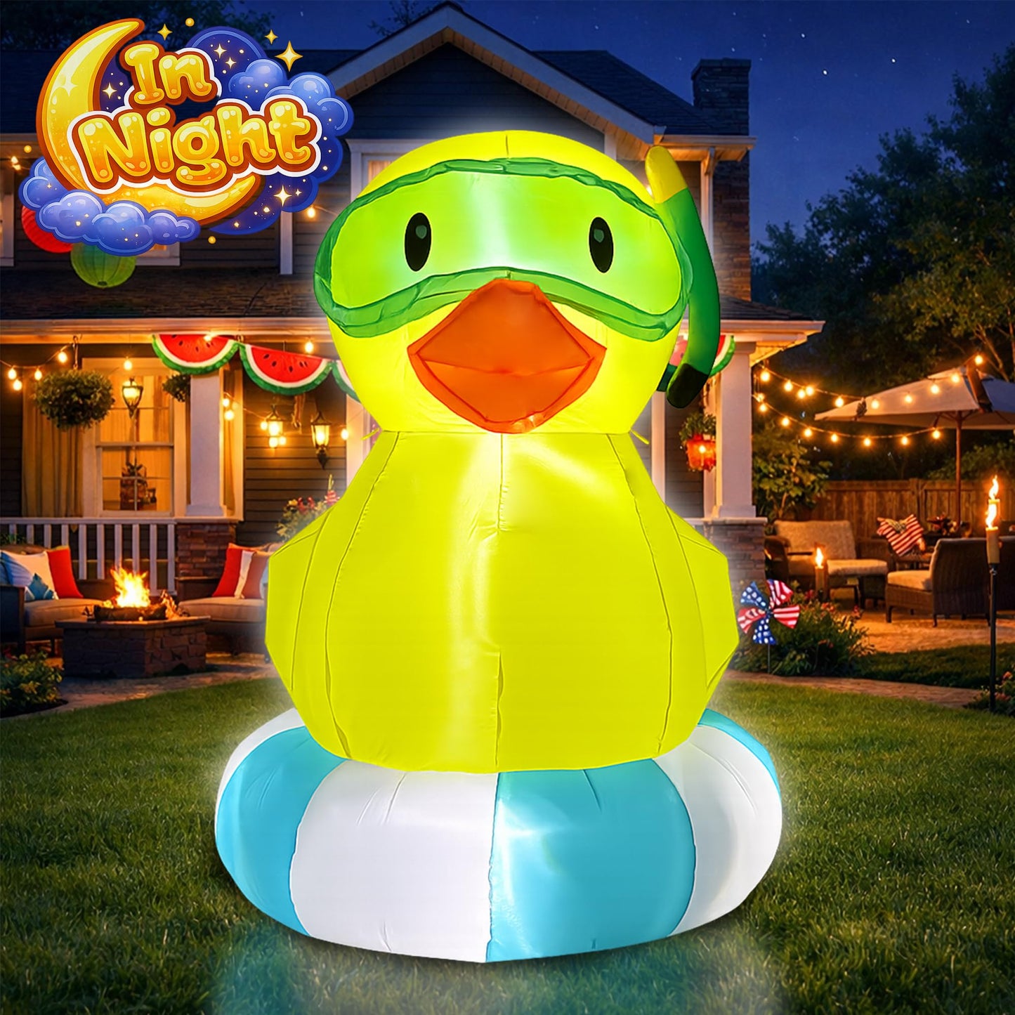 5ft Summer Inflatable Swimming Pool Duck Decorations LED Blow Up Outdoor Decoration Pool Party Favors for Beach Party Decor Tropical Yard Lawn Garden Supplies