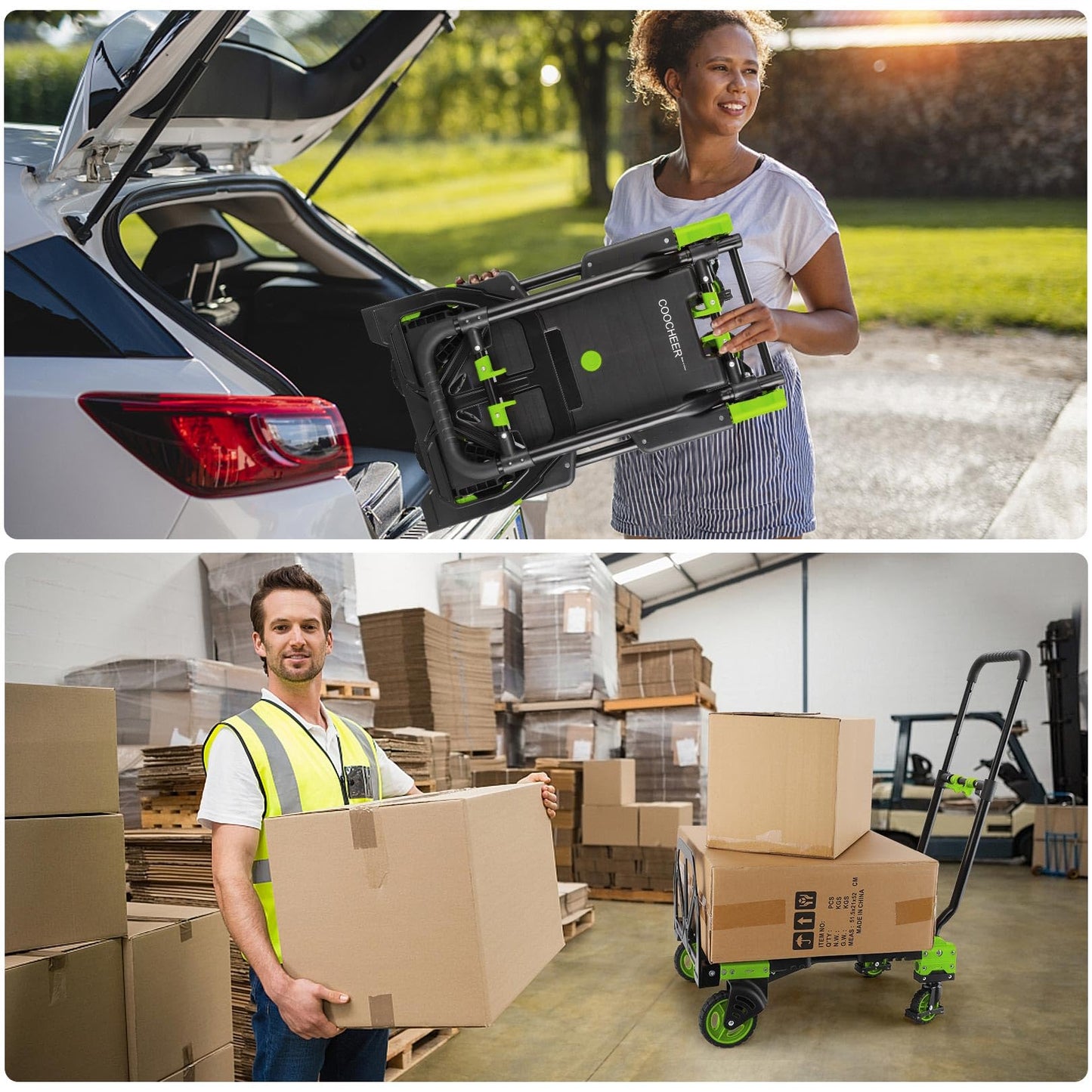 330LB Folding Hand Truck Moving Dolly, Hand Trucks Heavy Duty Combination of 4 Wheels and 2 Wheels Convertible Dolly Cart with Retractable Handle Dolly for Moving Office Carts(Green)