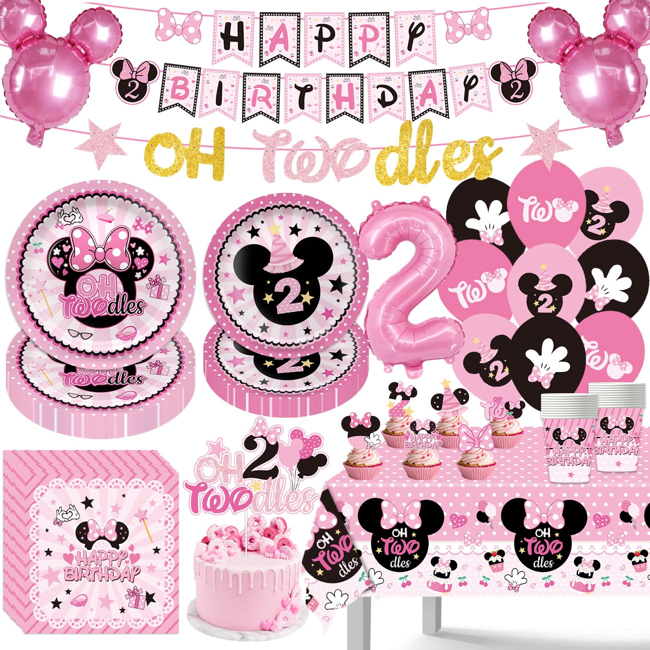 108Pcs Pink Mouse Birthday Decorations Tableware Oh Twodles Birthday Party Supplies Include Banner Plates Napkins Cups Balloons Cupcake Toppers Cake Topper and Waterproof Tablecloth