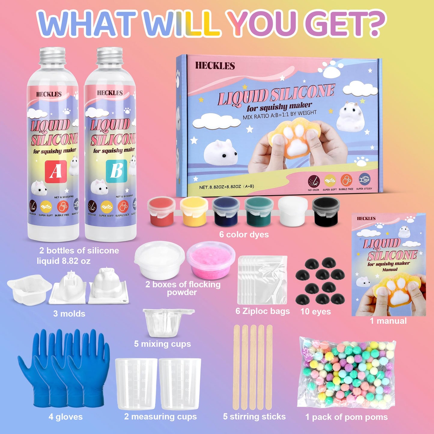 HECKLES Taba Squishy DIY Kit, 18 oz Silicone Soft Molds, Liquid Silicone, 1:1 AB Ratio, Soft Making Epoxy Resin Mix, Cat Claw Mold, Hamster, Rabbit, Gifts