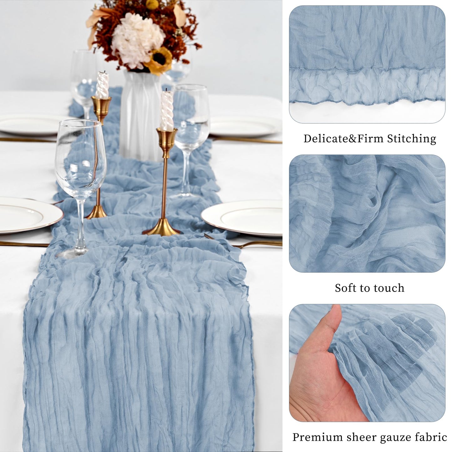 20 Pack Dusty Blue Table Runner 10Ft Cheesecloth Table Runner Boho Gauze Cheese Cloth Table Runners Romantic Long Sheer Fabric Table Runners for Wedding Party Bridal Shower