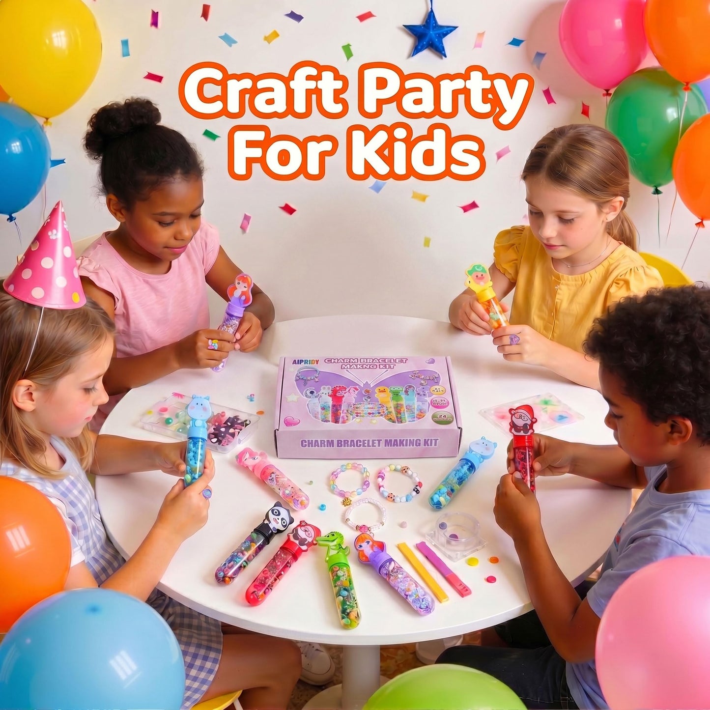 AIPRIDY Creative Beading Kit, Charm Bracelet Jewelry Making Kit for Kids, 24 Styles, 24 Pack Bracelet Wands,Classroom Prizes,Goodie Bags Stuffers, Ages 4+ (Glass+Plastic Mixed)
