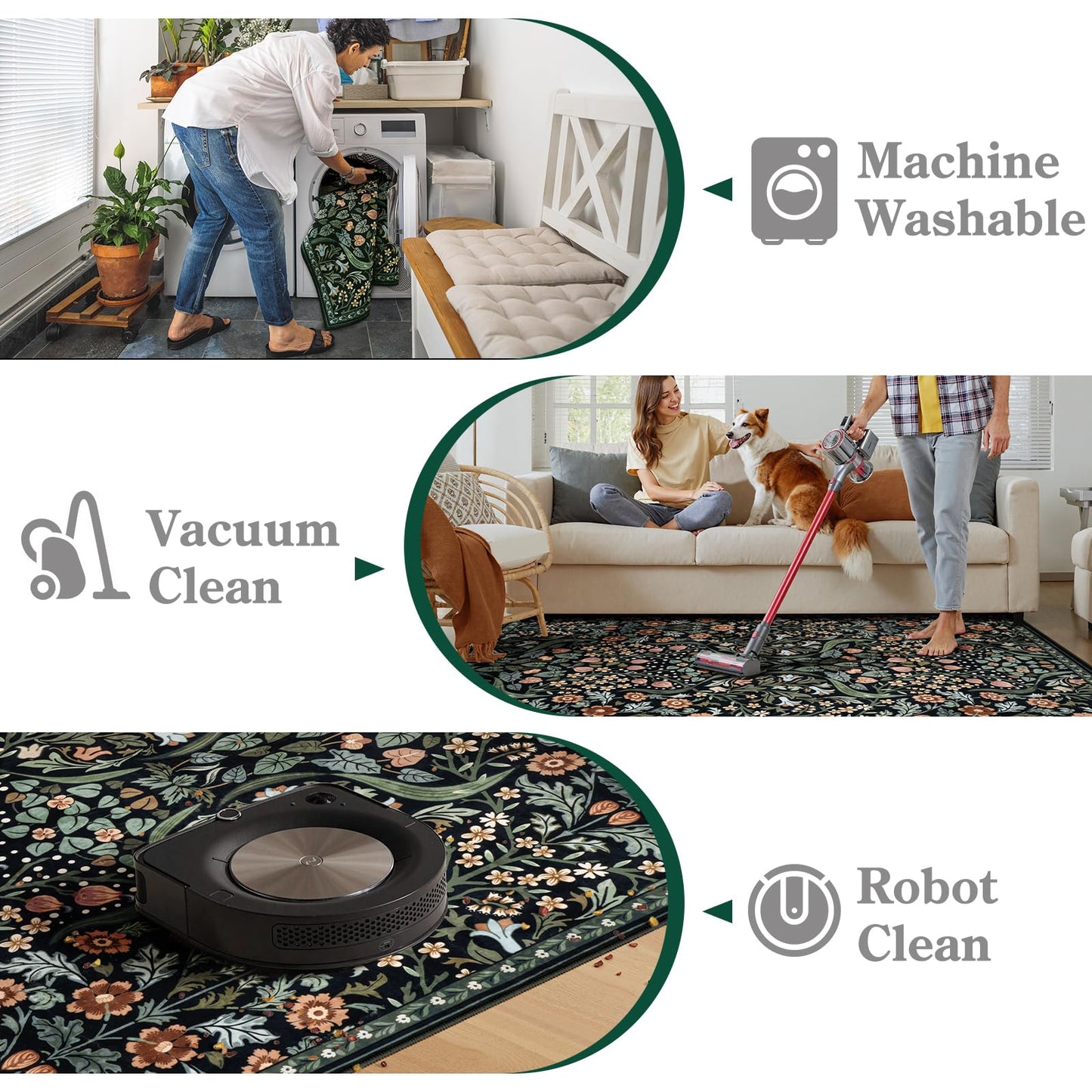 Moynesa Floral Round Area Rugs 6ft, Washable Boho Round Living Room Rug, Non Slip Soft Large Circle Rugs for Dining Room, Botanical Ultra Thin Floor Carpet for Bedroom Kitchen, Black