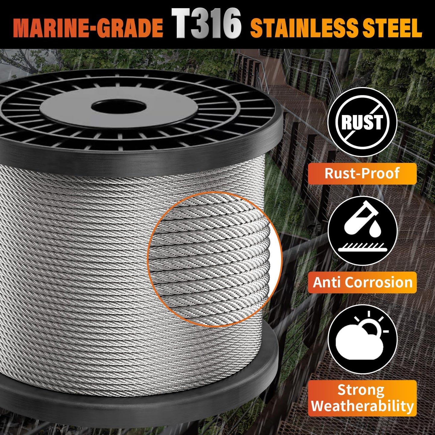 CELYND Stainless Steel Cable for Railing - 200FT 1/8" T316 Wire Rope Cable for Deck Railings System Kit with Cutter