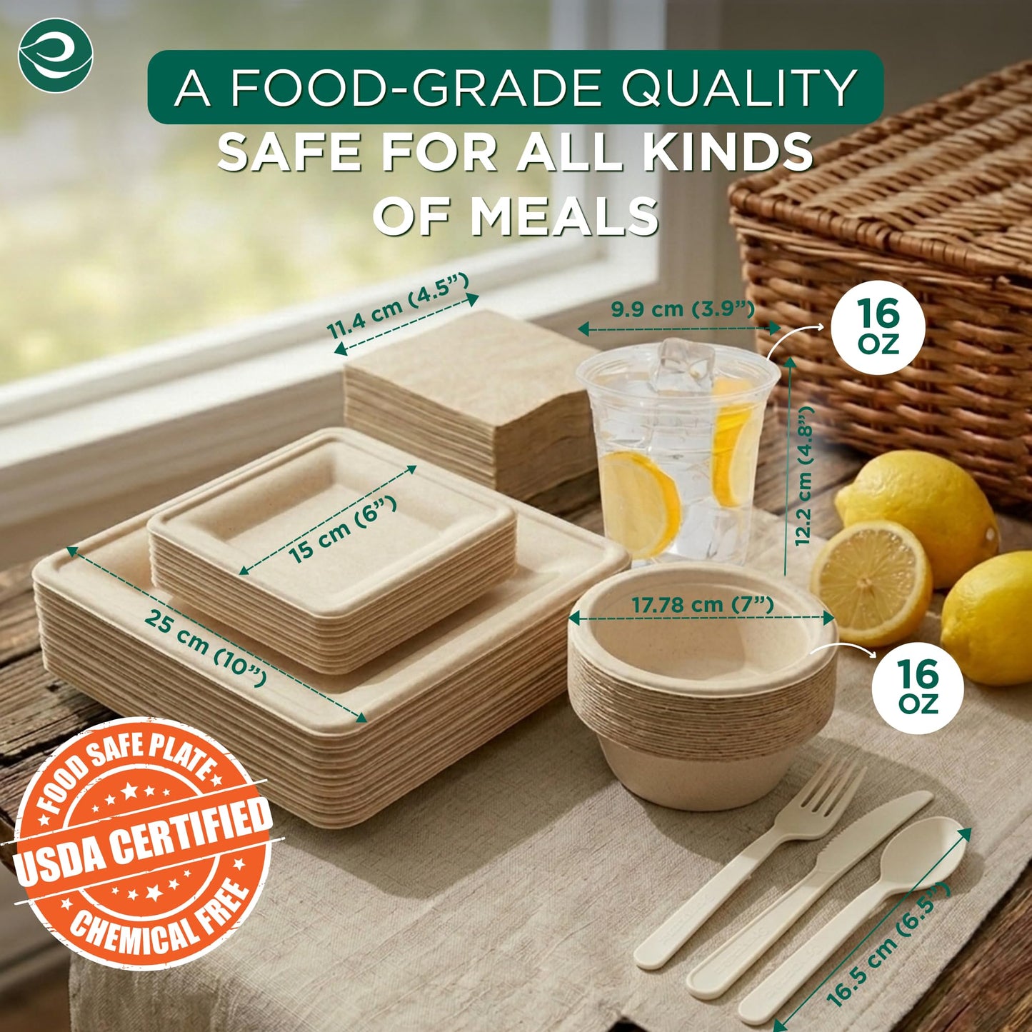 EcoSoul Disposable Paper Plates Pack of 400 (for 50 guest) Compostable Dinnerware set, Bowls, Heavy-duty Utensil, Biodegradable Napkins, Eco-friendly Sugarcane Set for Party Camping