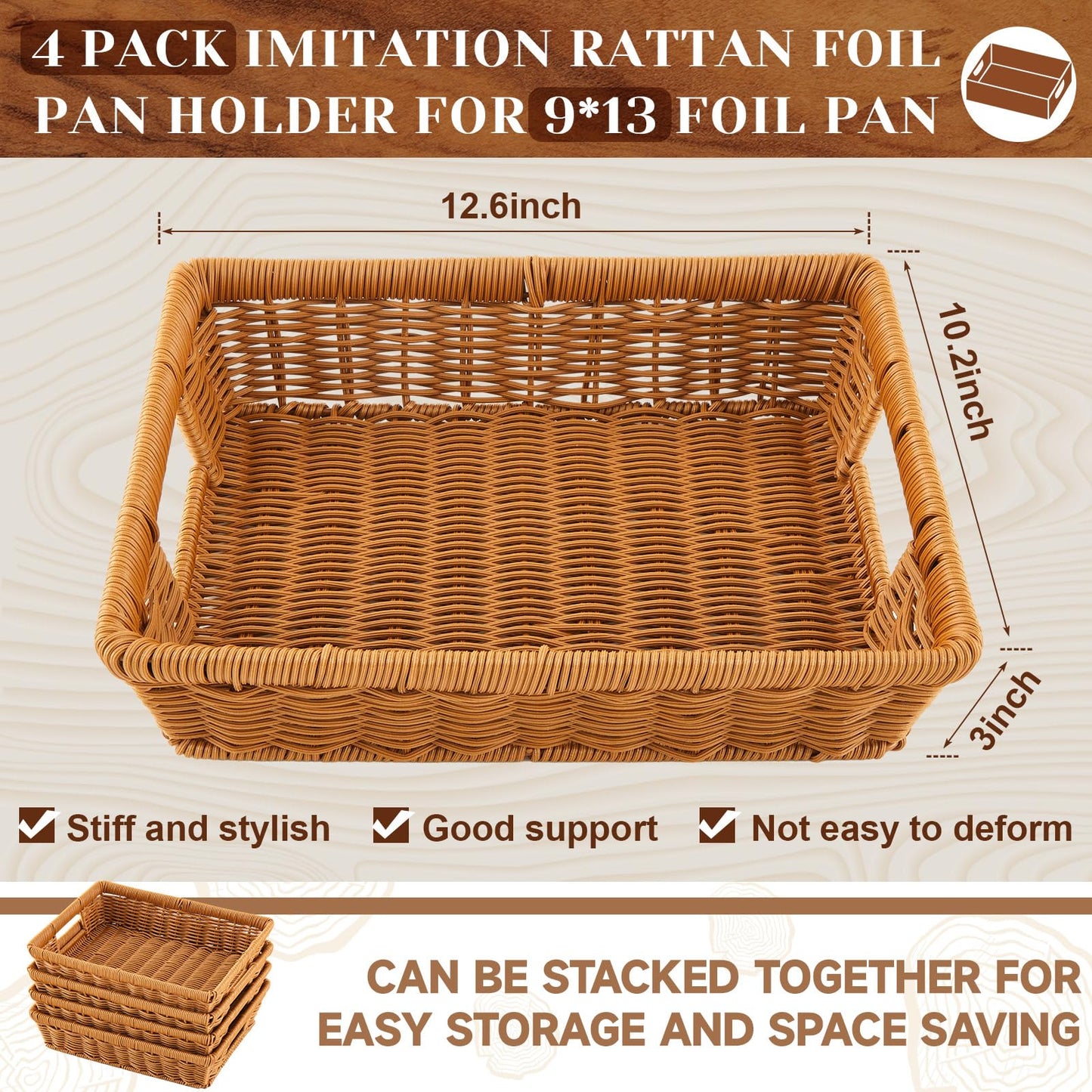 Marsui 4 Pcs Aluminum Foil Pan Holder for 9x13 Disposable Baking Tin Rattan Basket Woven Serving Basket Wicker Bread Basket for Food Containers Party Supplies and Catering