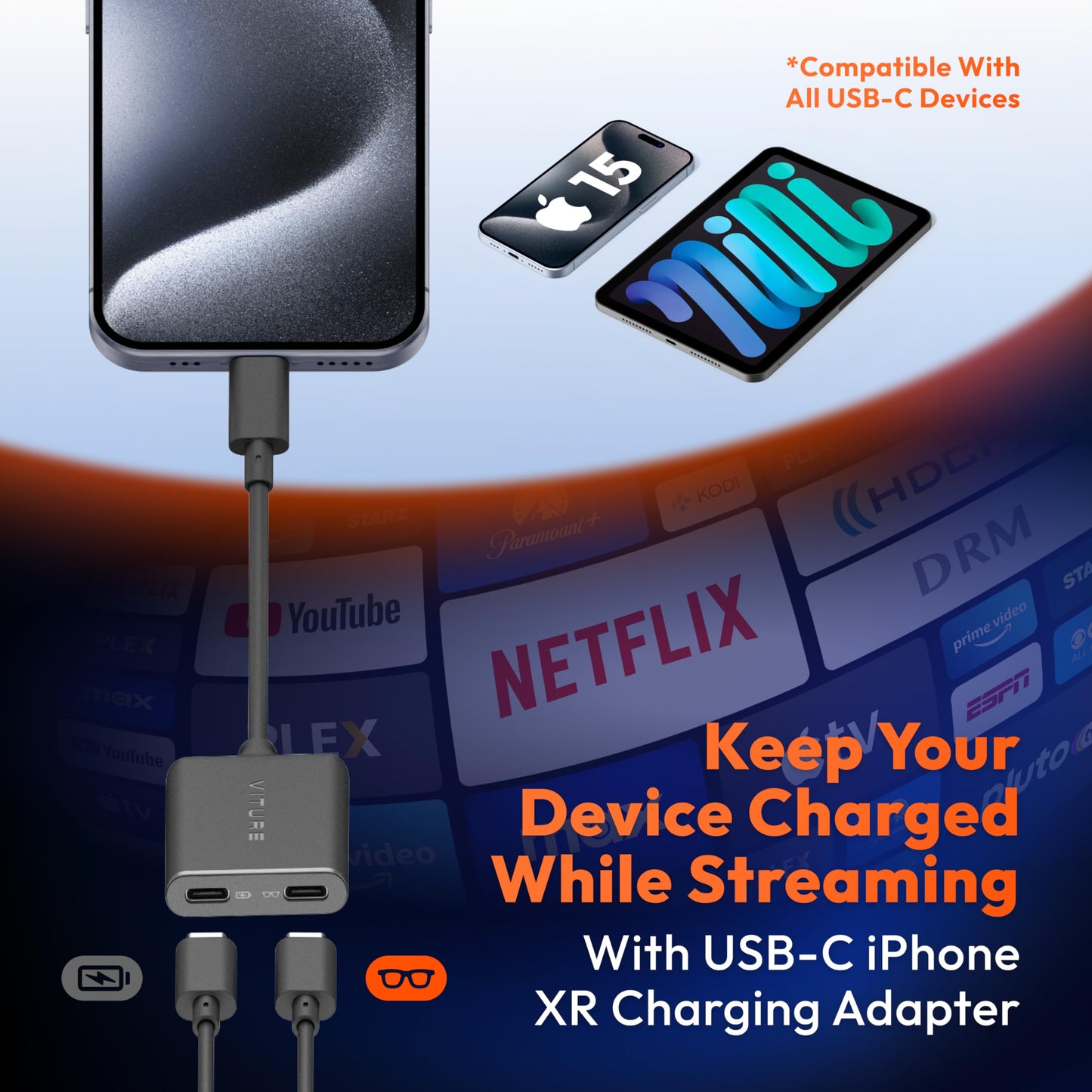 VITURE USB- C XR Charging Adapter for iPhone 16/15, Enabling Multi-Screen, Enhanced 3DoF, Spatial 3D, VR Video Features, Fits iPhone 16/15, Charge and Play for Other Devices