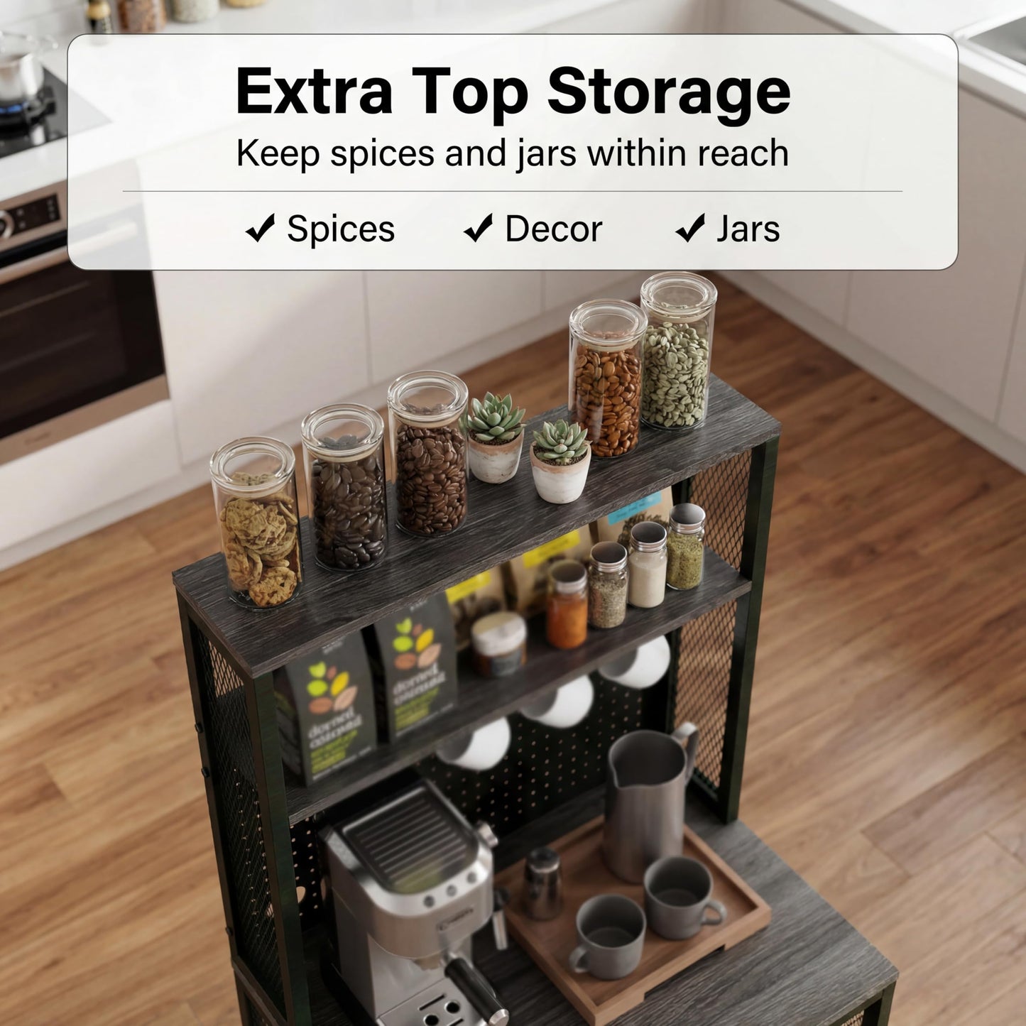 KirKical Mini Fridge Stand Shelf with Storage, Bakers Rack Coffee Bar Table Microwave Oven Stand with Mini Fridge Space for Home Kitchen Dorm, Slate Grey