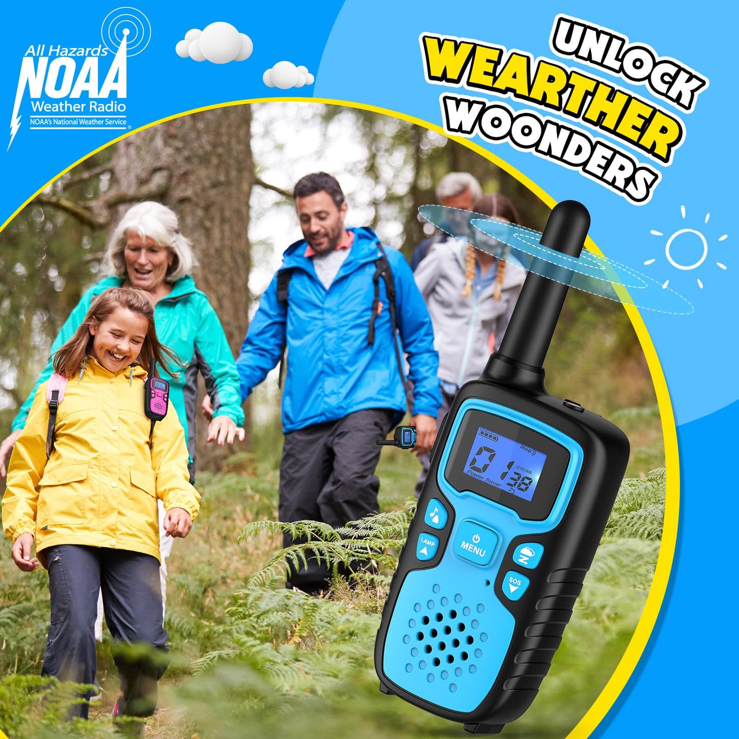 Wishouse Walkie Talkies for Kids Rechargeable Long Range,Xmas Birthday Gift for 4 5 6 7 8 9 Year Old Boys Girls,Hiking Gear Camping Games Cool Toys with NOAA,SOS Siren,Lamp,Lanyards,Easy to Use,4 Pack