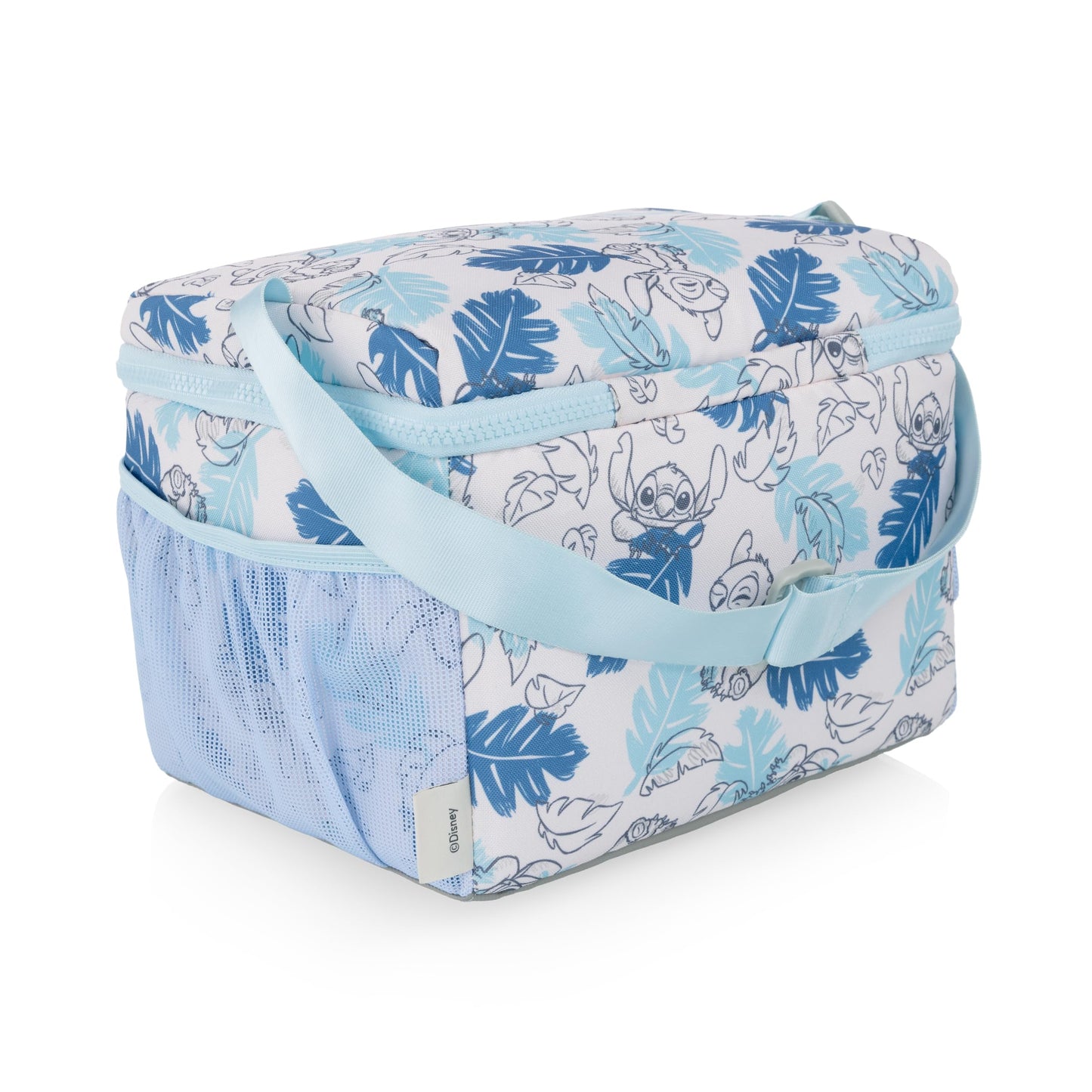 PICNIC TIME Disney Lilo & Stitch Modern Lunch Cooler, Insulated Lunch Box for Work, Travel, and Outdoor Use, Waterproof Cooler Bag with Adjustable Strap and Mesh Pockets, (White with Blue Leaf Design)