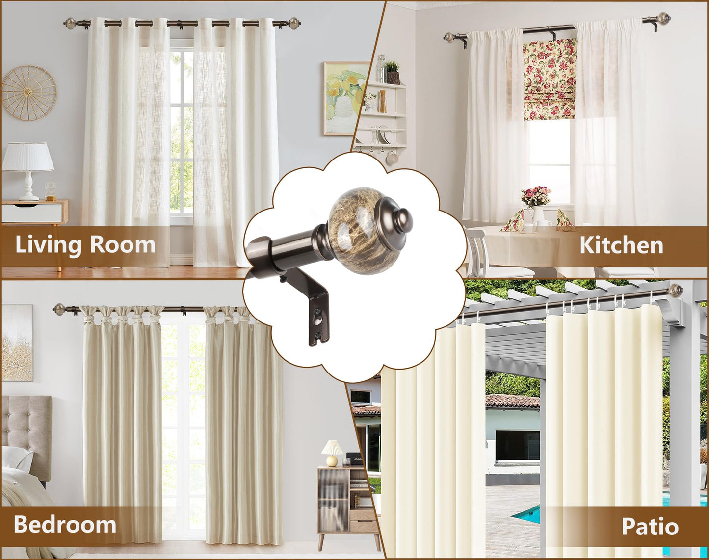 KAMANINA 1 Inch Curtain Rods for Windows 66 to 120 Inches Bronze Heavy Duty Curtain 32 to 120 (2.6-10ft), Adjustable Long Drapery Rods with Marbled Finials