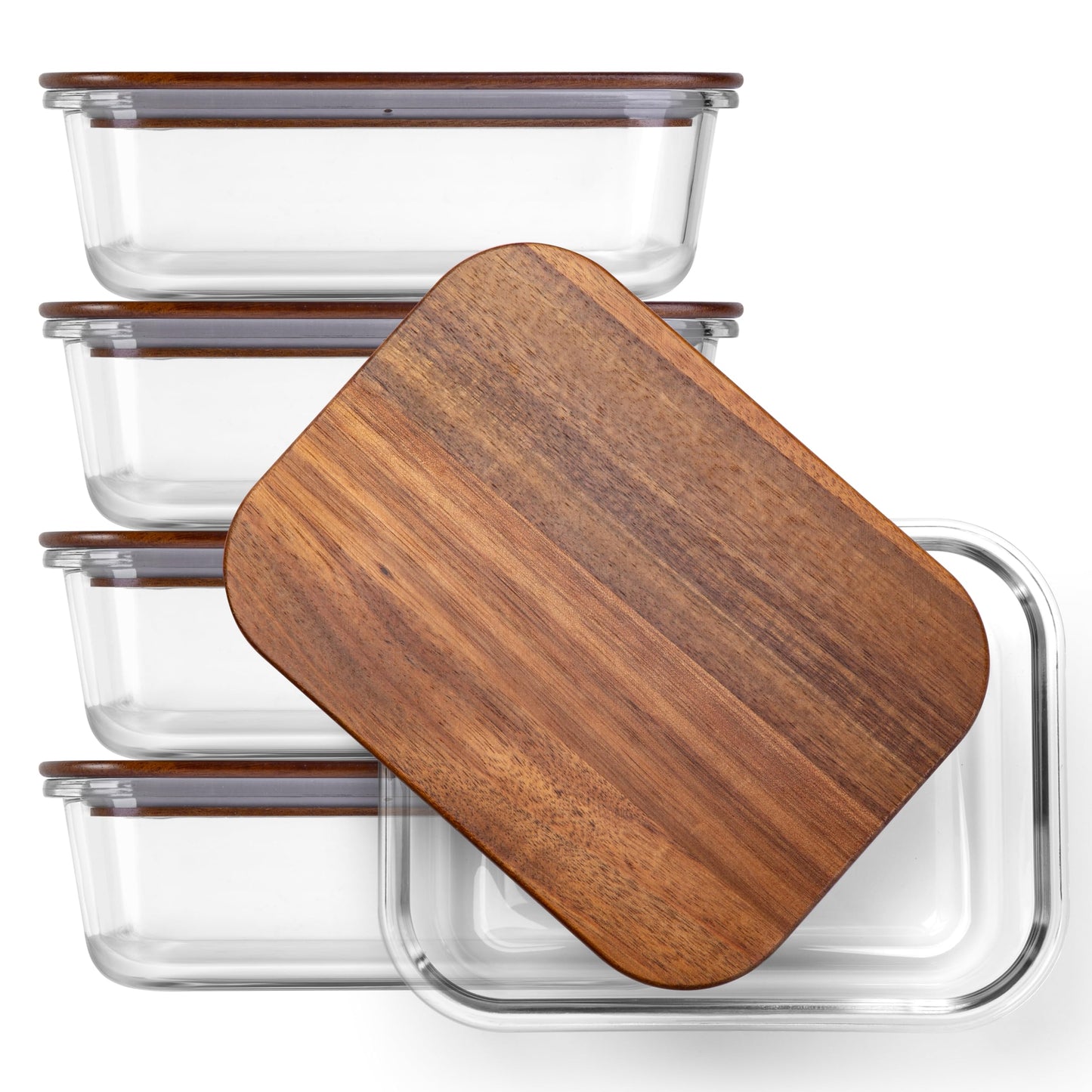 Verdara 5-Piece Borosilicate Glass Food Storage Containers with Acacia Wood Lids — 35 oz Rectangular Meal Prep & Leftovers Set, Oven, Freezer & Microwave Safe, Plastic-Free