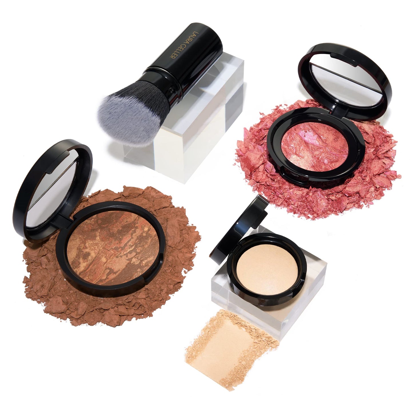 LAURA GELLER NEW YORK Daily Routine Kit (4 PC): Baked Balance-N-Brighten Foundation, Deep + Retractable Kabuki Brush + Blush-N-Brighten, Tropic Hues + Original Baked Highlighter, French Vanilla