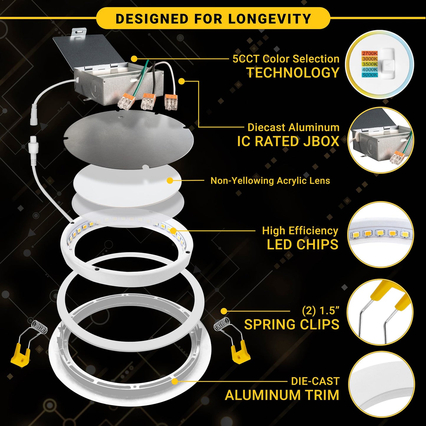 NUWATT 4 Inch Gimbal LED Recessed Lighting, 5CCT 2700K/3000K/3500K/4000K/5000K Selectable, 630 Lumen, Dimmable, Adjustable Pitched Canless Eyeball Lights for Sloped Ceilings, Metal Junction Box, 6 PK