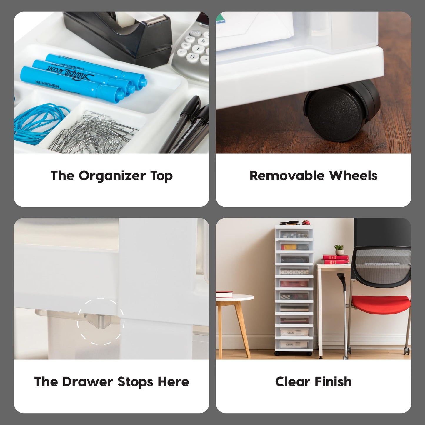 IRIS USA Plastic Drawer Storage Organizer Rolling Cart, with Wheels Casters, 10-Drawers, for Classroom Art Craft Supplies Dresser Closet Bathroom Laundry Room, White/Clear
