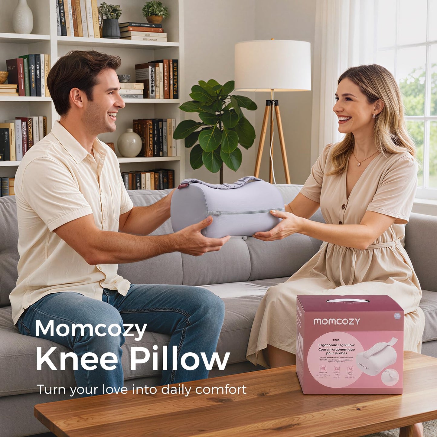 Momcozy Knee Pillow for Side Sleepers, Soft Memory Foam & Pinch-Free Design, Relieve Knee, Leg and Sciatica Pain, Adjustable Elastic Strap Ideal for Pregnant Women and Seniors, Cooling Cover, Gray