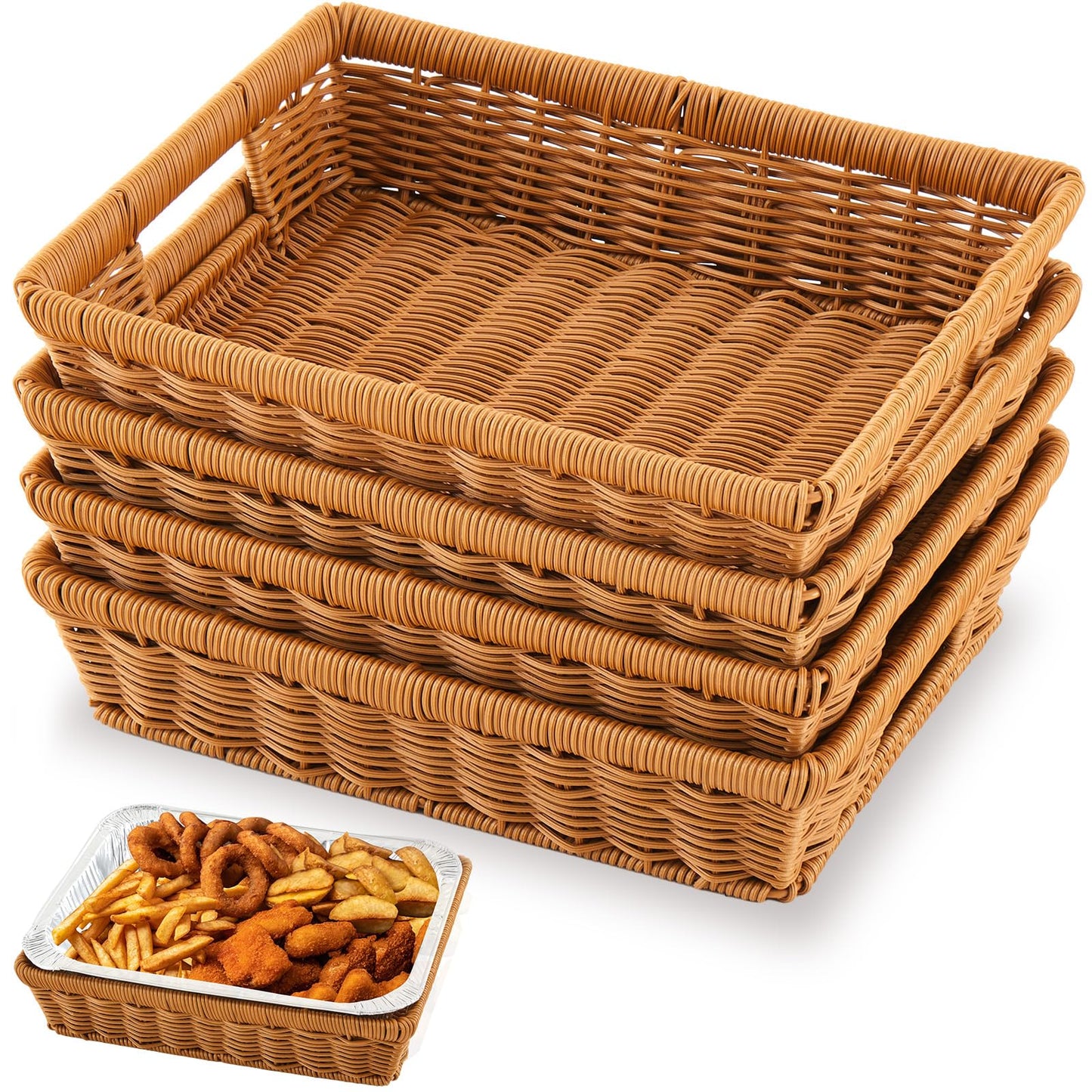 Marsui 4 Pcs Aluminum Foil Pan Holder for 9x13 Disposable Baking Tin Rattan Basket Woven Serving Basket Wicker Bread Basket for Food Containers Party Supplies and Catering