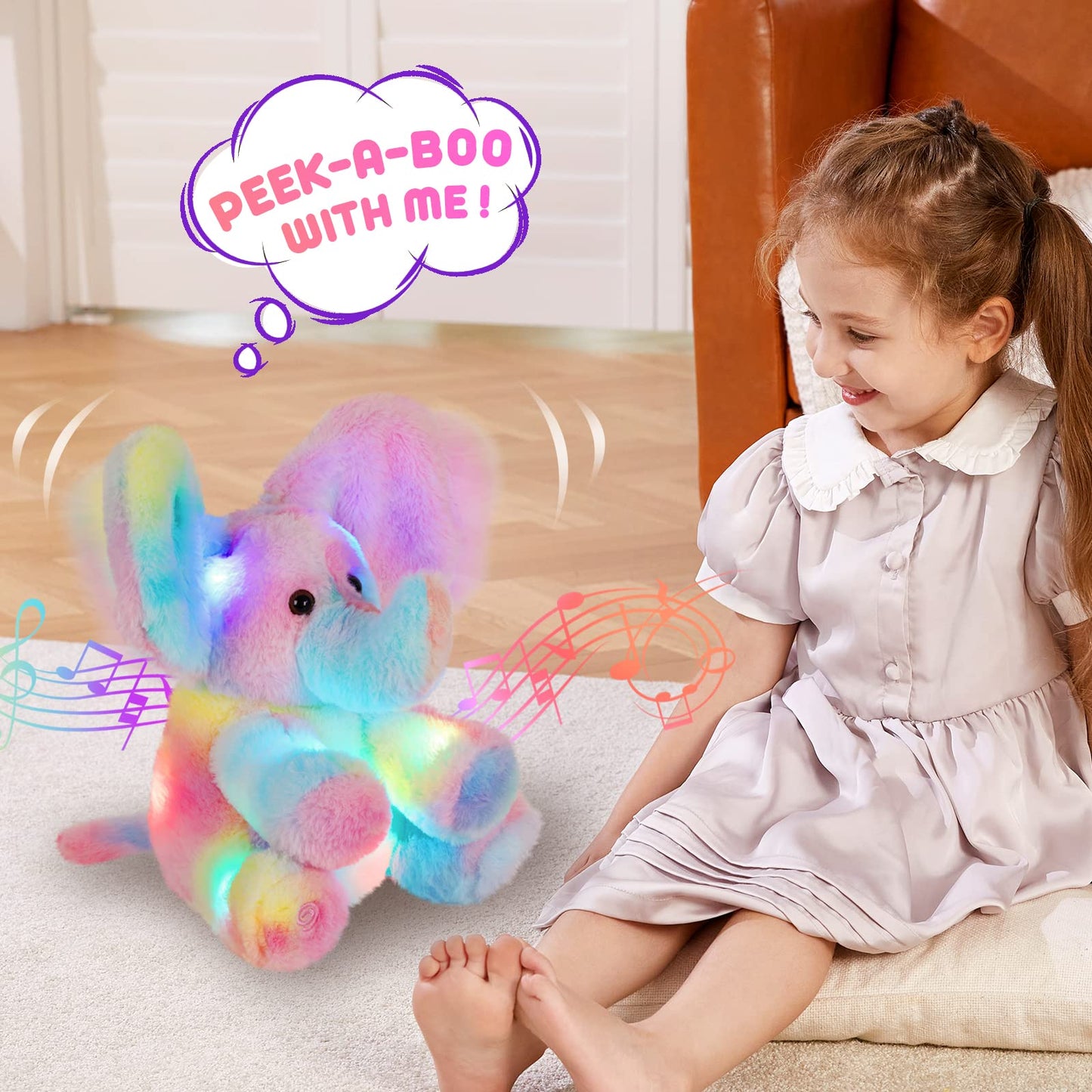 Glow Guards 12’’ Peek-A-Boo Light up Musical Electric Elephant Rainbow Plush Soft Toy Stuffed Animal Lullaby Night Light Interactive Hide and Seek Game Talking Doll Christmas Holiday Birthday Gifts for Toddler Kids