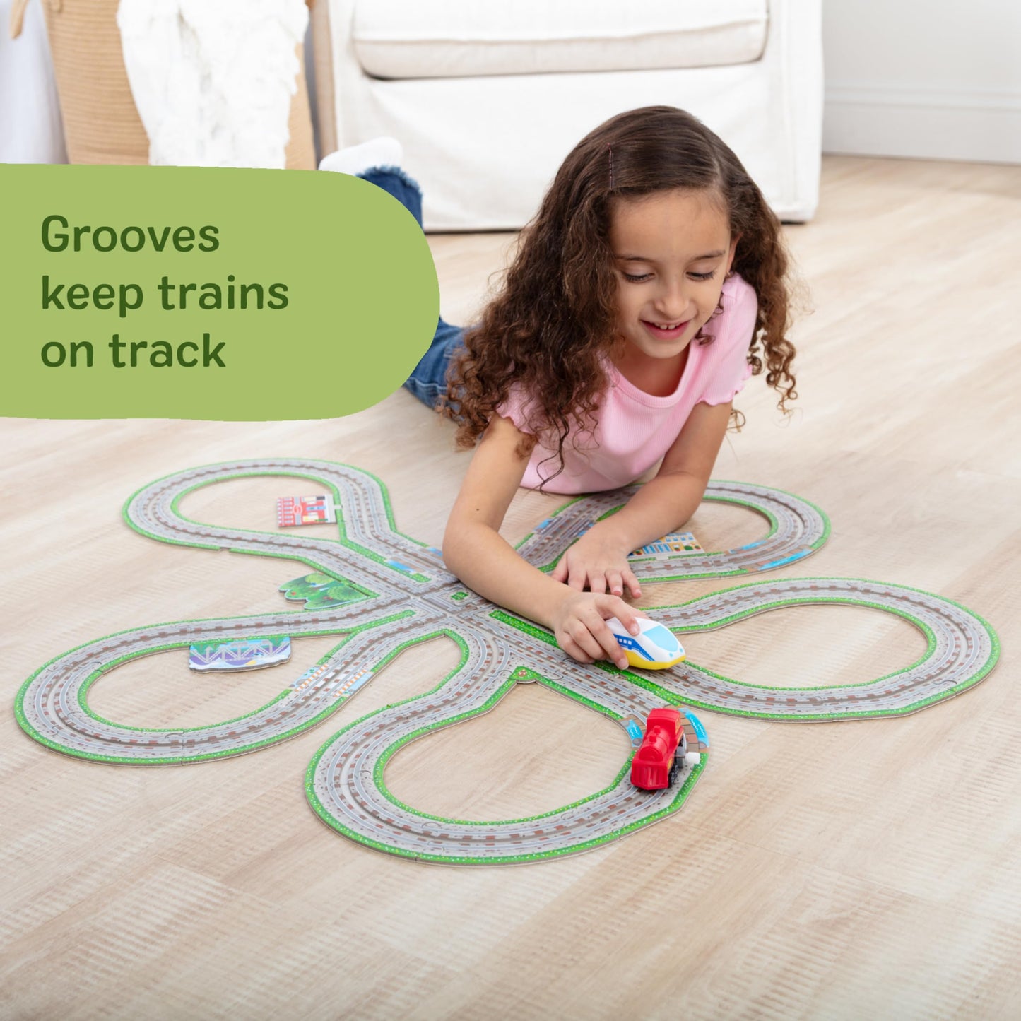 Melissa & Doug Design Your Own Railroad 48-Piece Floor Puzzle with 2 Wind-up Toy Trains and Interchangeable Scenery, Kids Puzzles with Preschool Toys for Girls & Boys Ages 4 and Up - FSC Certified