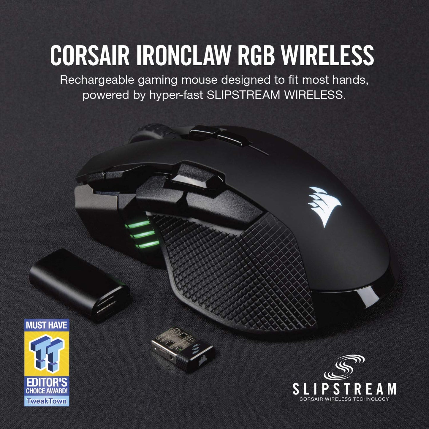 CORSAIR IRONCLAW WIRELESS RGB Rechargeable Gaming Mouse with Slipstream Technology - 18,000 DPI - 3-Zone RGB Multi-Color Backlighting - Black