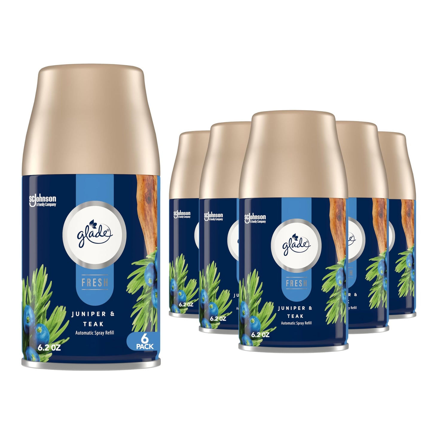 Glade Automatic Spray Refill, Air Freshener for Home and Bathroom, Juniper & Teak, Fresh Collection, 6.2 Oz, 6 Count