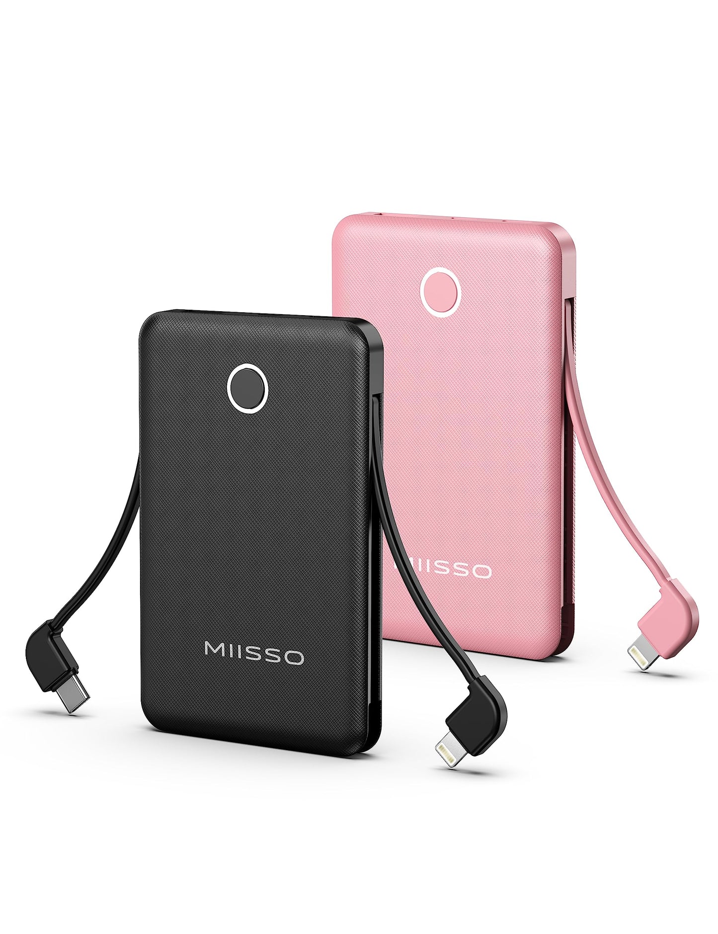6000mah Ultra Slim Built in Cables Power Bank, Card Size Built in USB C Cords Battery Pack Portable Charger for Phones, 3 Output External Battery Pack Compatible with iPhone, 2-Pack Black & Pink