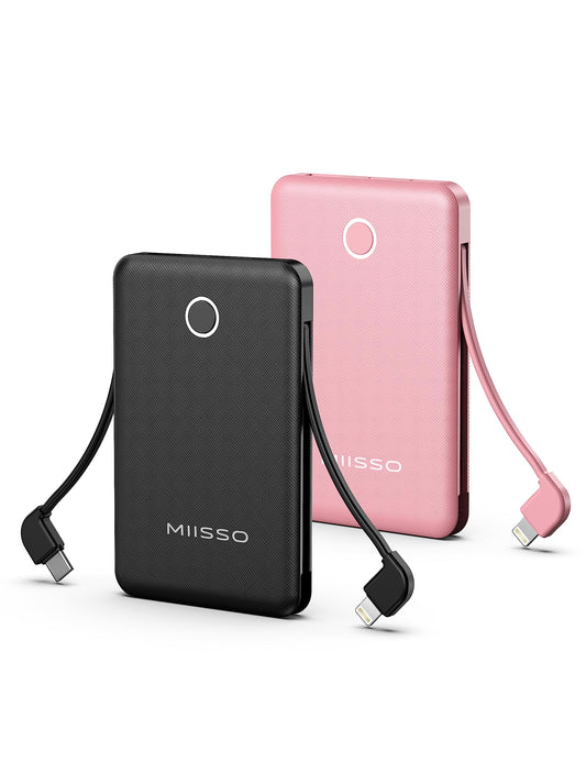 6000mah Ultra Slim Built in Cables Power Bank, Card Size Built in USB C Cords Battery Pack Portable Charger for Phones, 3 Output External Battery Pack Compatible with iPhone, 2-Pack Black & Pink
