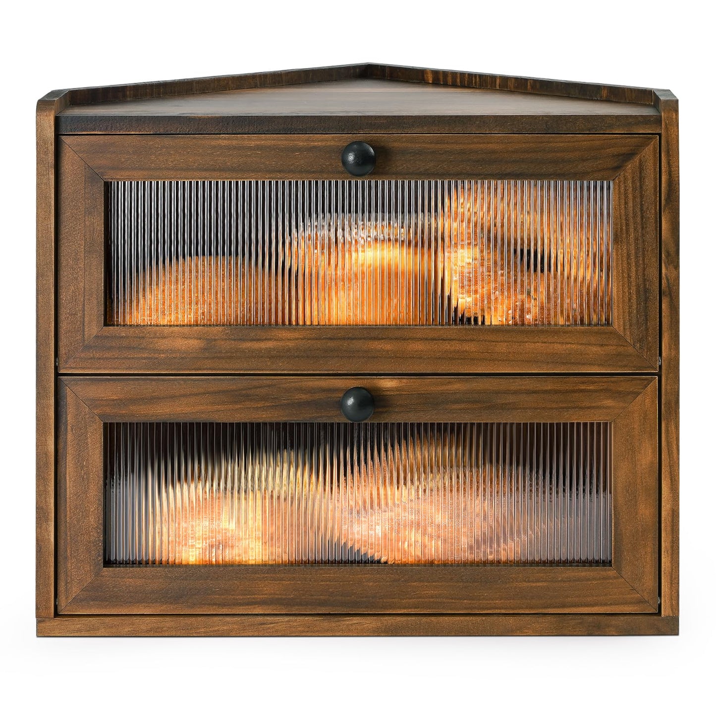Sunhoo Bread Box for Kitchen Countertop Corner Large Wooden Bread Bin 2 Tier Rustic Food Storage Container with Acrylic Window Farmhouse Keeper Shelf Organizer for Loaves Pastries & Snacks (Brown)