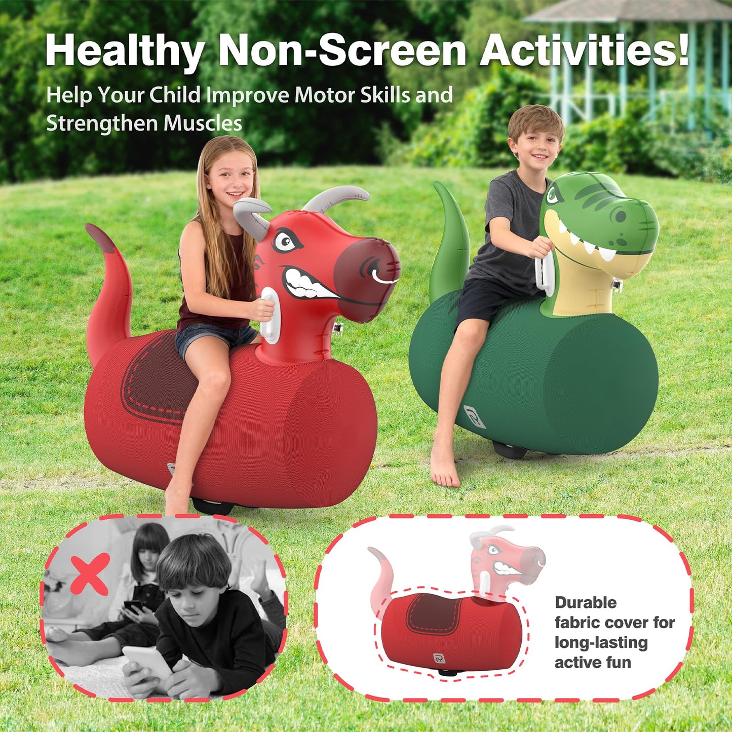 POVRYE 2 PCS Inflatable Bouncy Dinosaur Bull Hopper Toys with Pump, Giant Ride on Jumping Animals Outdoor Play Toys, 220 lbs Capacity, Indoor Bouncers for Kids Ages 5+, Fun Gift for Boys Girls