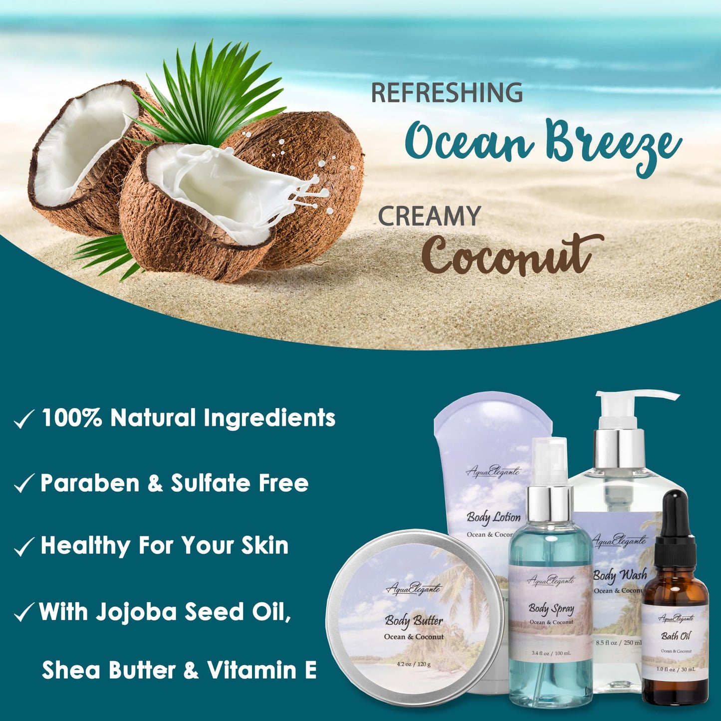 Bath Spa Gift Sets - Luxury Basket With Ocean & Coconut - Spa Kit Includes Wash, Bubble Bath, Lotion, Bath Salts, Body Scrub, Body Spray, Shower Puff, Bathbombs, Soap in Wooden Basket