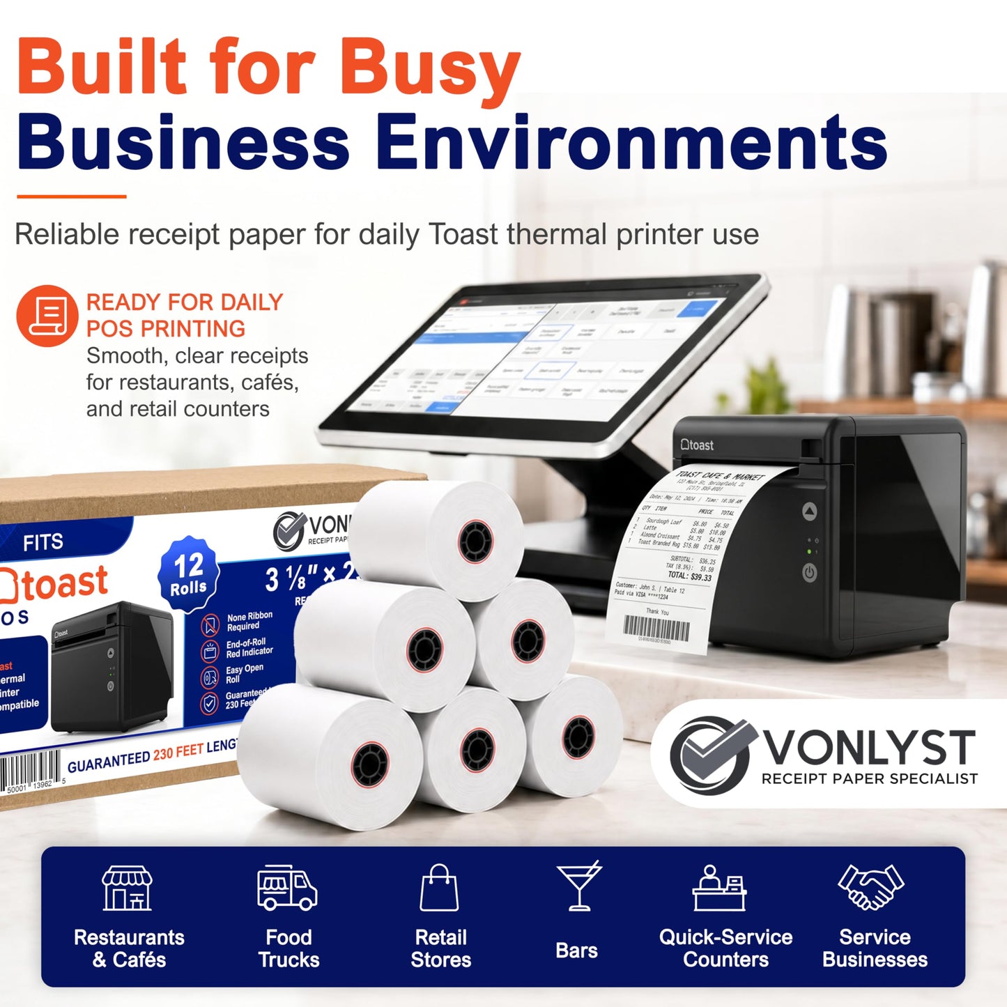 Vonlyst Thermal Printer Paper Roll for Toast TP200 Receipt Printer Point of Sale (12 rolls)