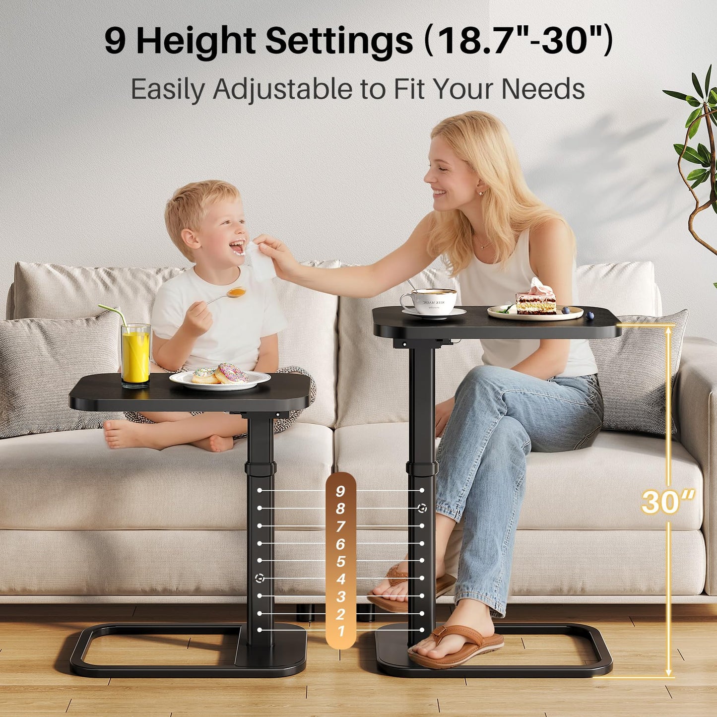 Branwick Adjustable Height TV Tray Table for Couch Eating & Small Spaces, Flip-Top Sofa Side Table with Safe Rounded Corners for Living Room, Bedroom & Apartment, Portable Laptop Snack Table, Black