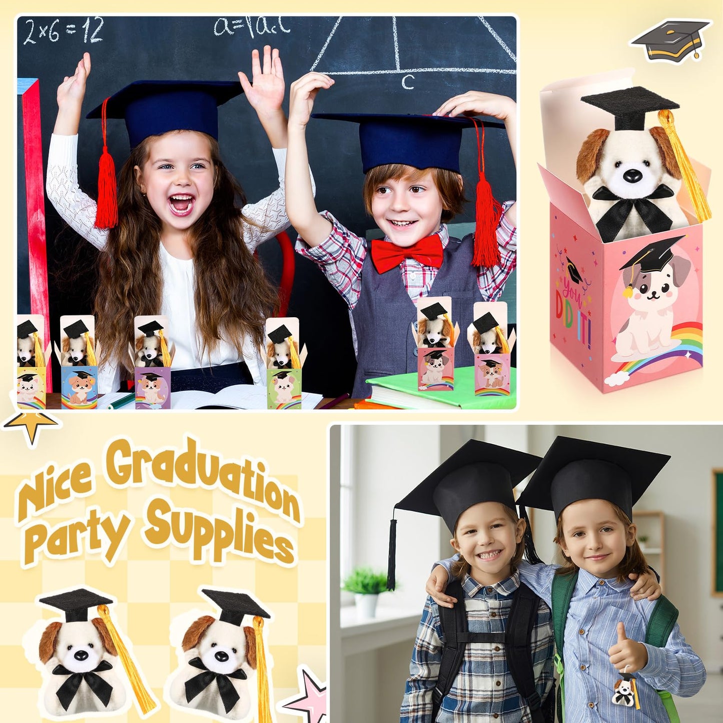 Trnayi 24 Set Mini Graduation Plush Dog with Graduation Gifts Box Graduation Stuffed Animal Keychain with Cap Gift Set for 2025 Graduation Party Graduation Decoration Classroom Exchange Gift